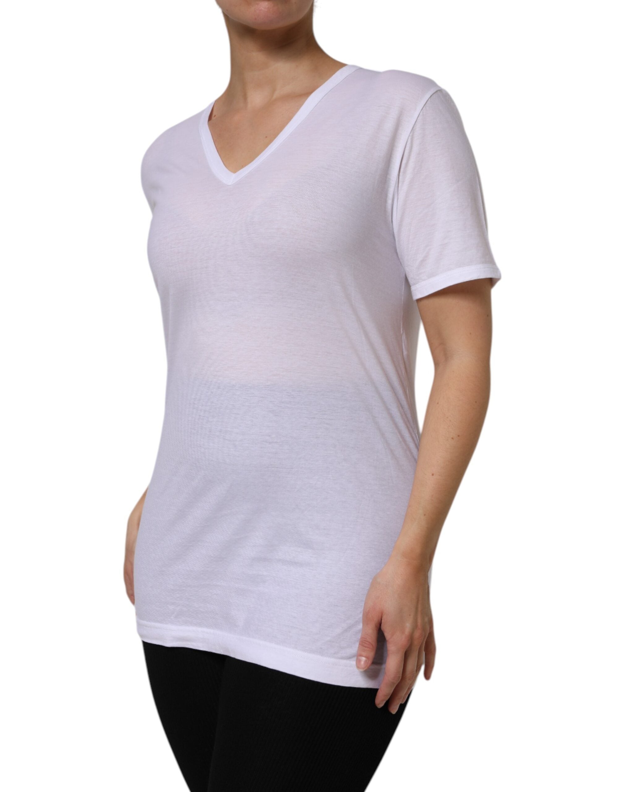 White Cotton Short Sleeves V-Neck Top T-shirt - ventzia