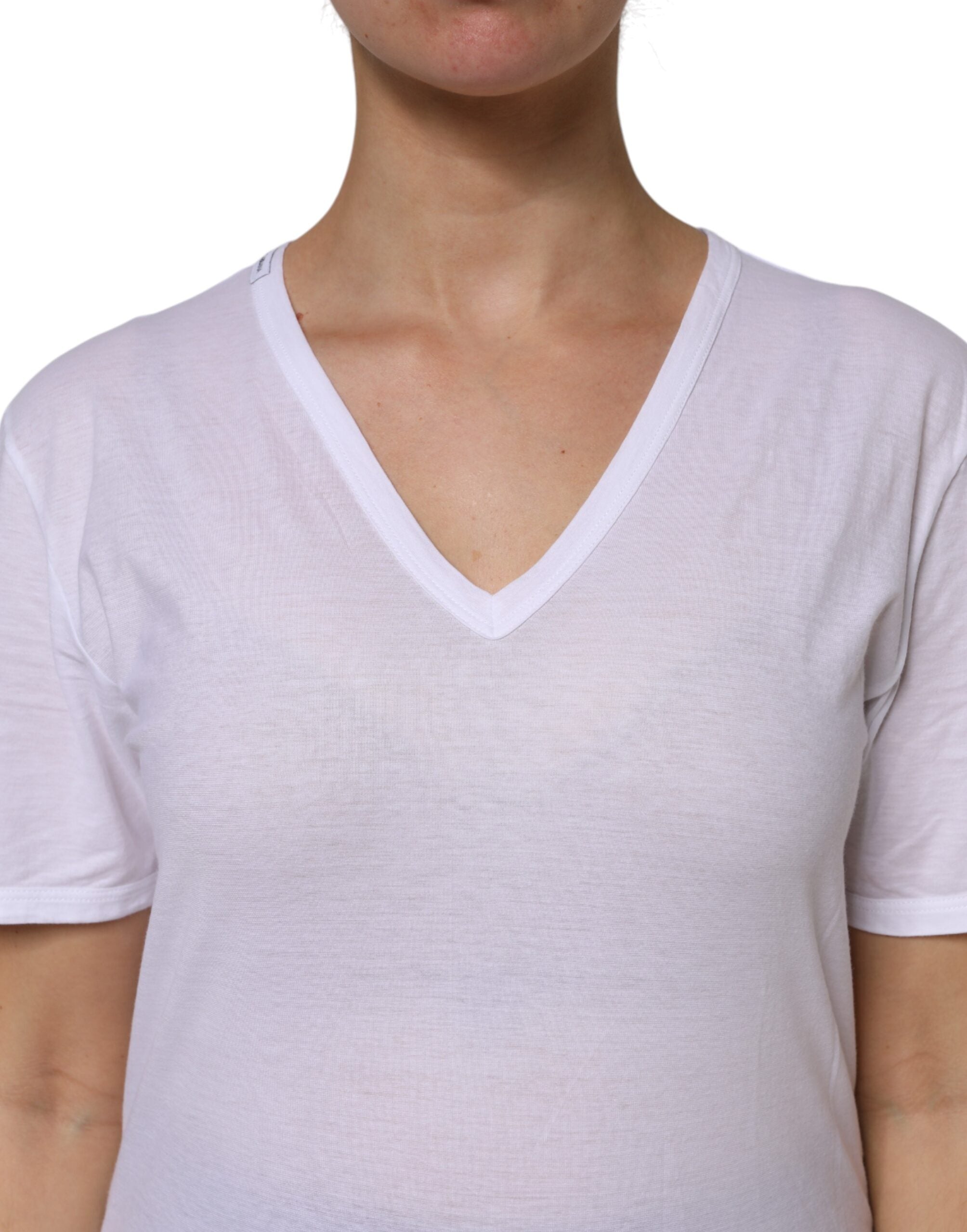 White Cotton Short Sleeves V-Neck Top T-shirt - ventzia
