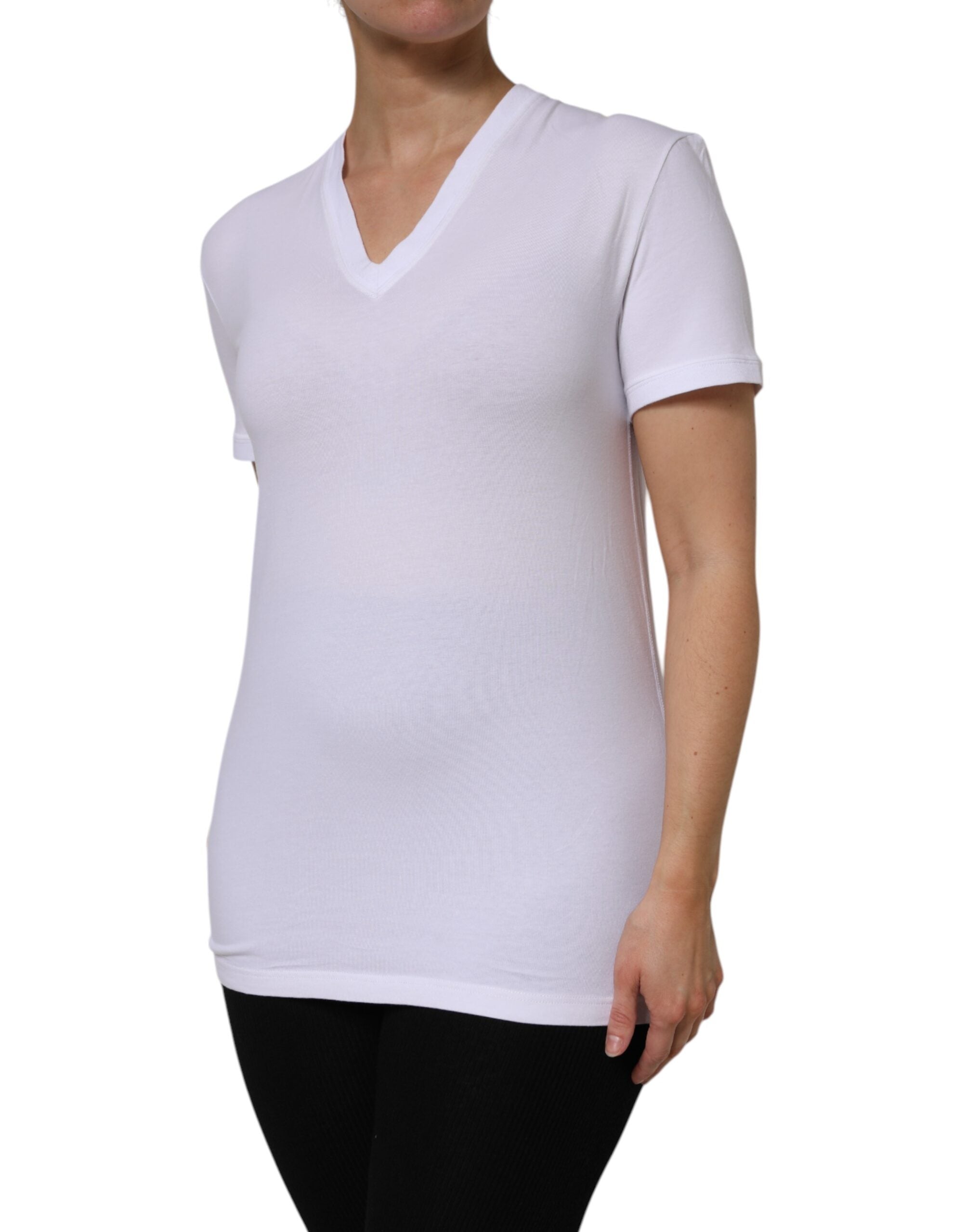 White Cotton Short Sleeves V-Neck Top T-shirt - ventzia
