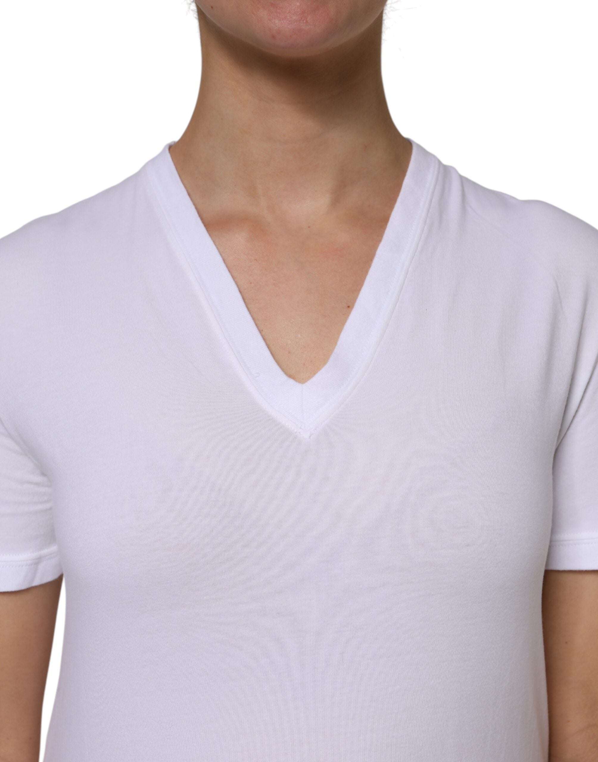 White Cotton Short Sleeves V-Neck Top T-shirt - ventzia