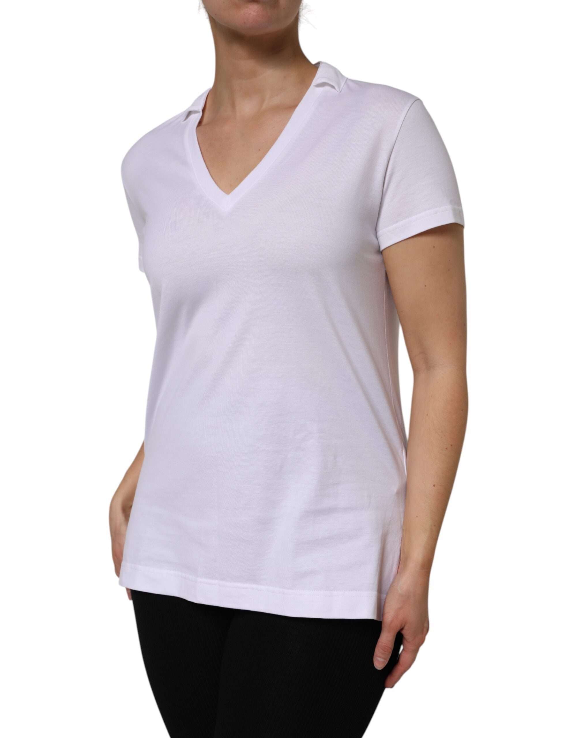 White Cotton Short Sleeve V-Neck Top T-shirt - ventzia
