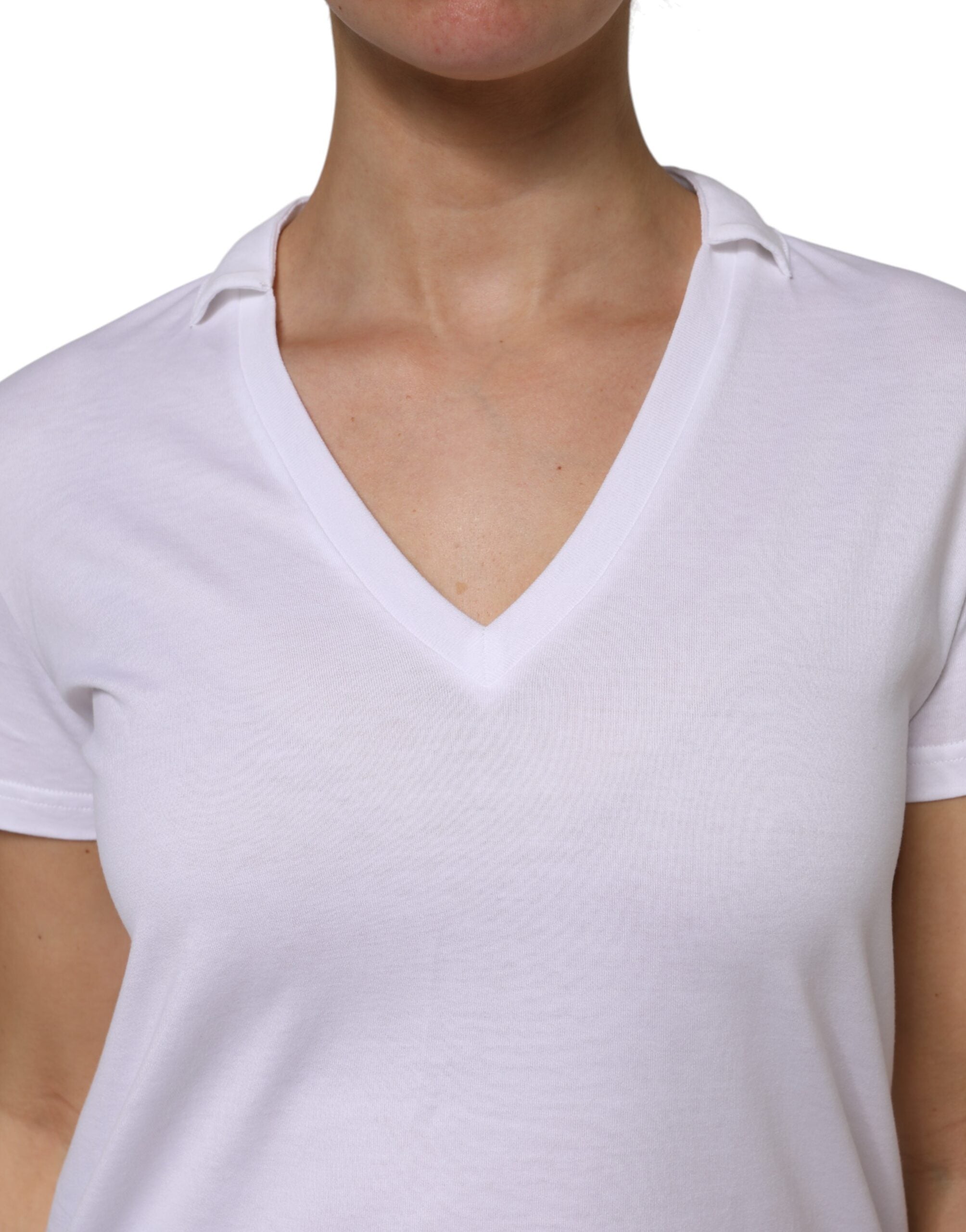 White Cotton Short Sleeve V-Neck Top T-shirt - ventzia