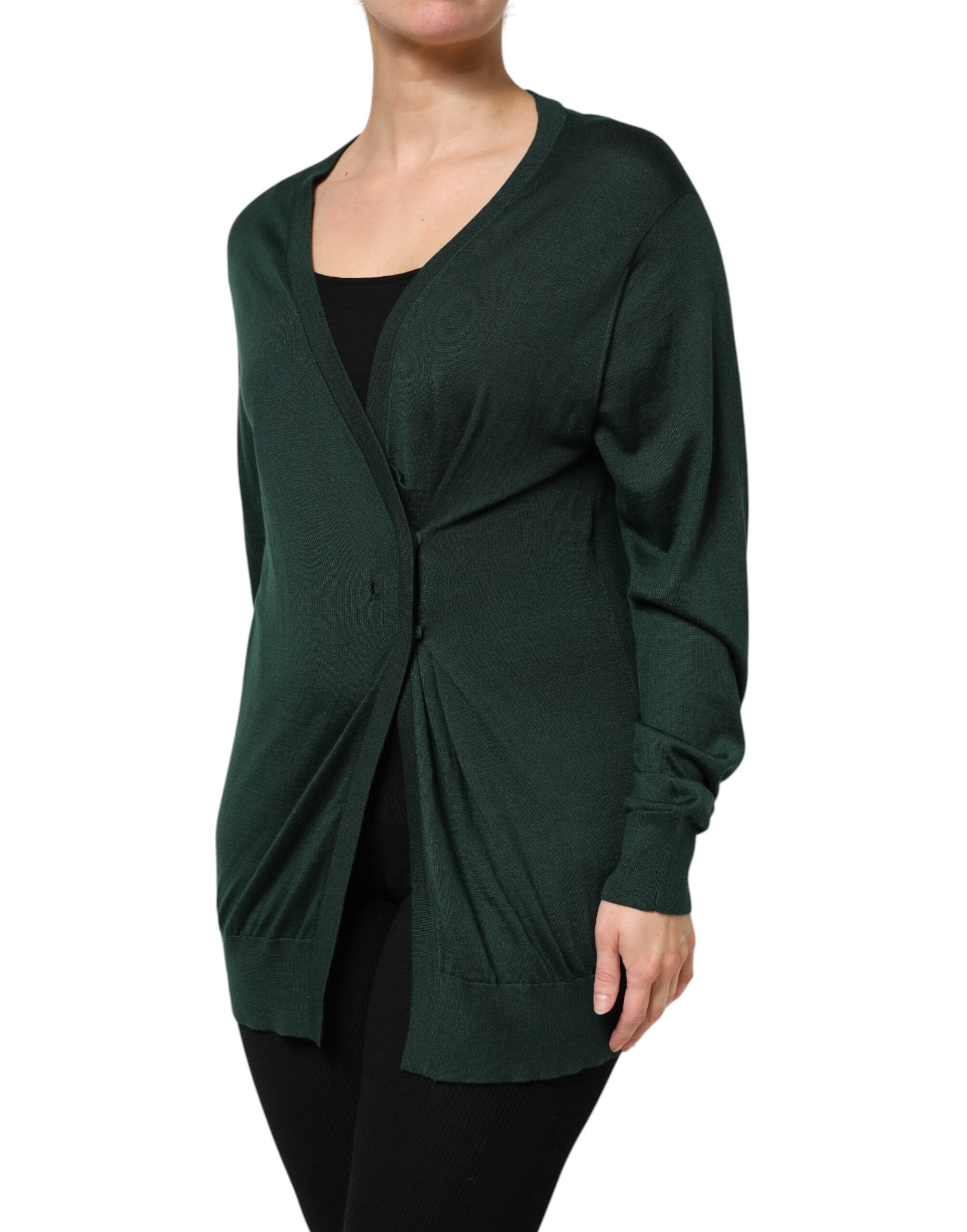 Dark Green Cashmere Silk Cardigan Sweater - ventzia