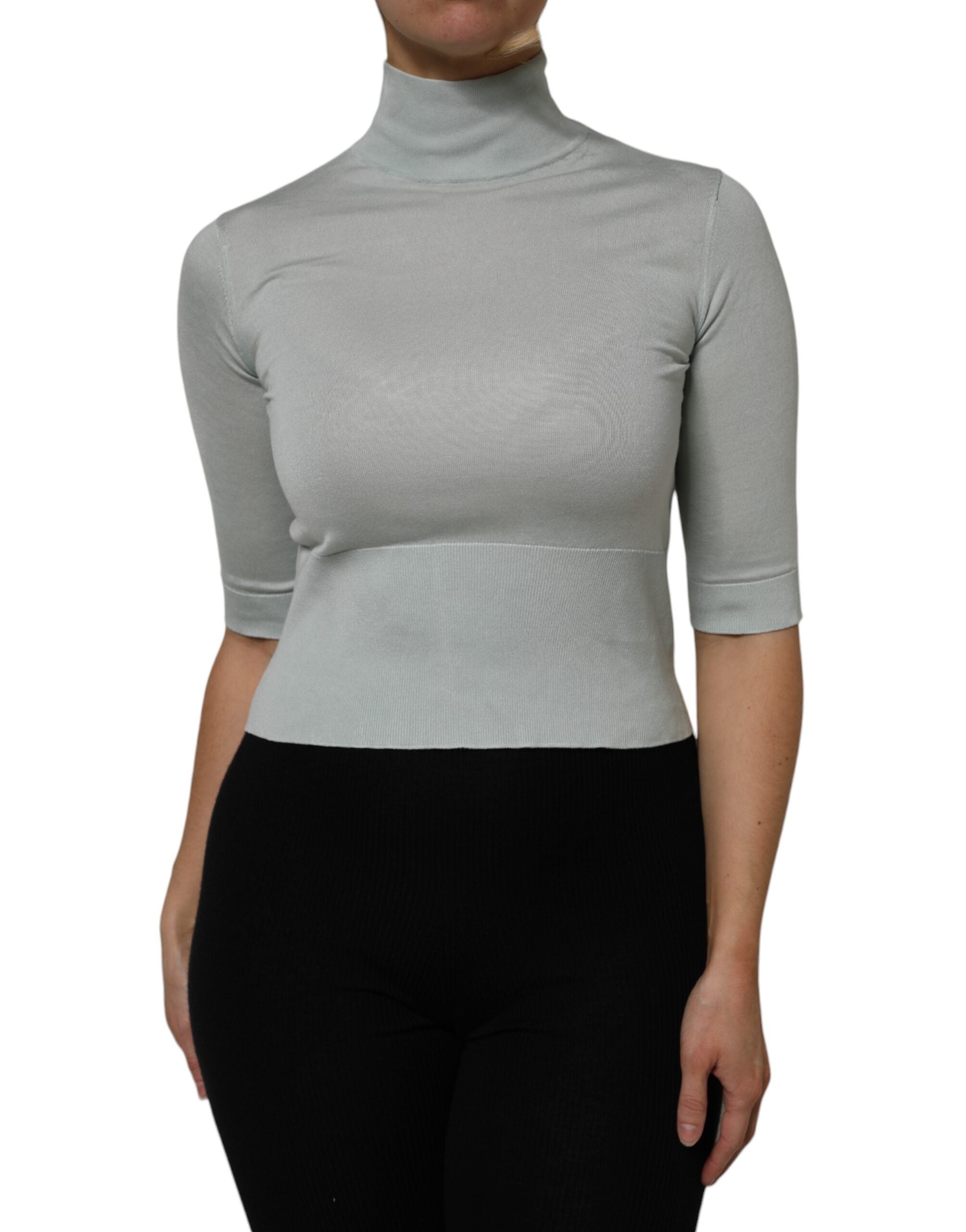 Light Green Silk Turtleneck 3/4 Sleeves Top - ventzia