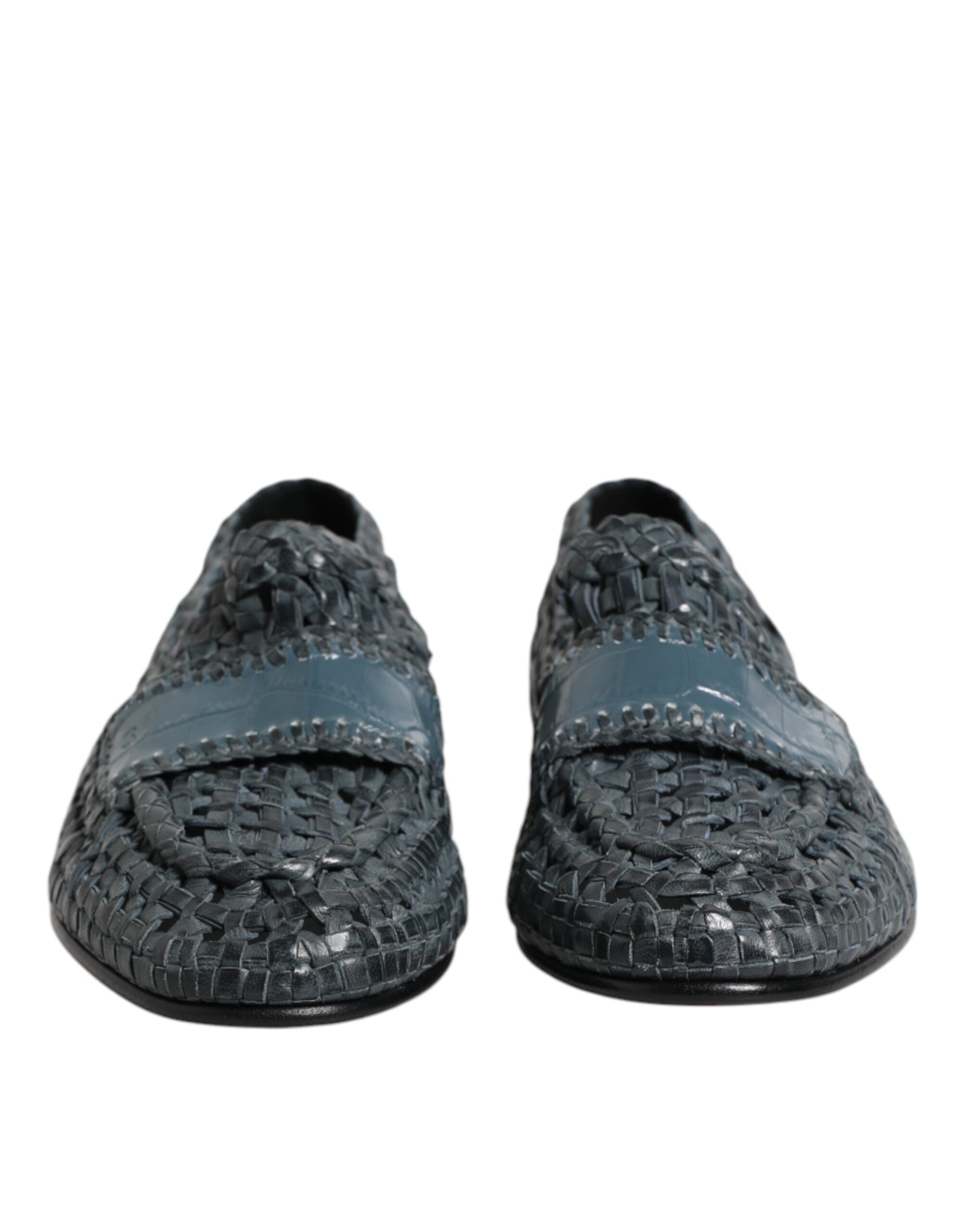 Blue Woven Leather Slip On Loafers Shoes - ventzia
