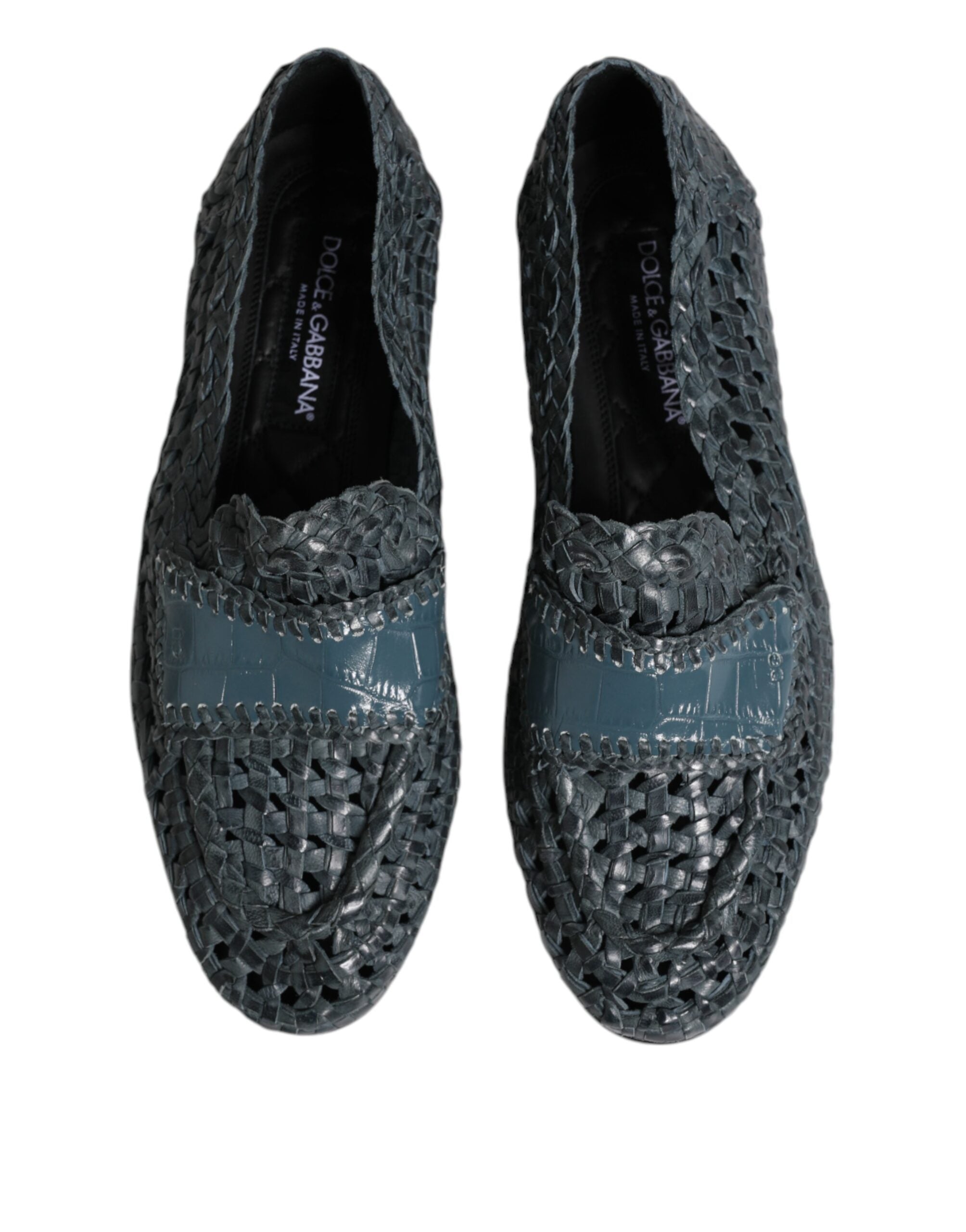 Blue Woven Leather Slip On Loafers Shoes - ventzia