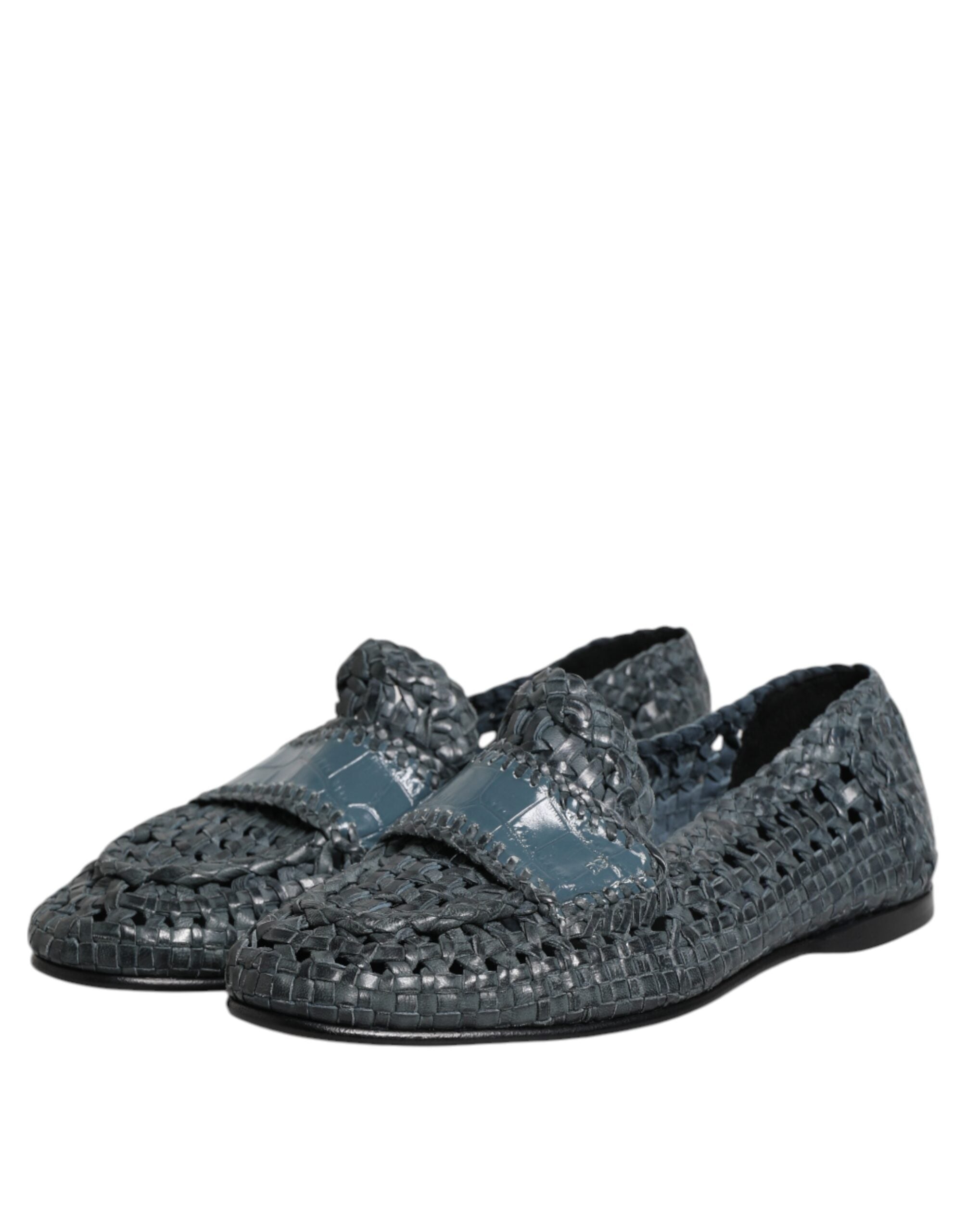 Blue Woven Leather Slip On Loafers Shoes - ventzia