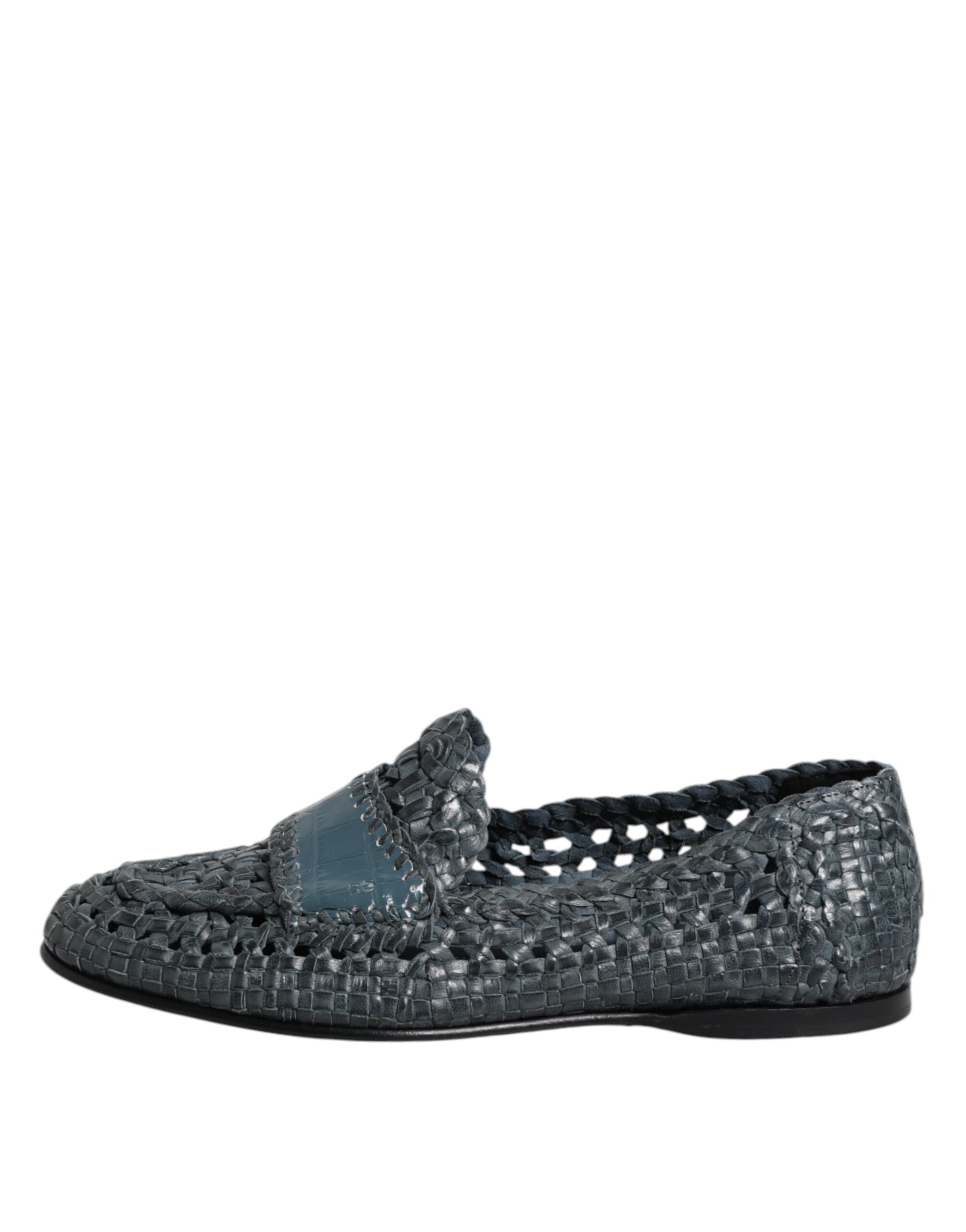 Blue Woven Leather Slip On Loafers Shoes - ventzia