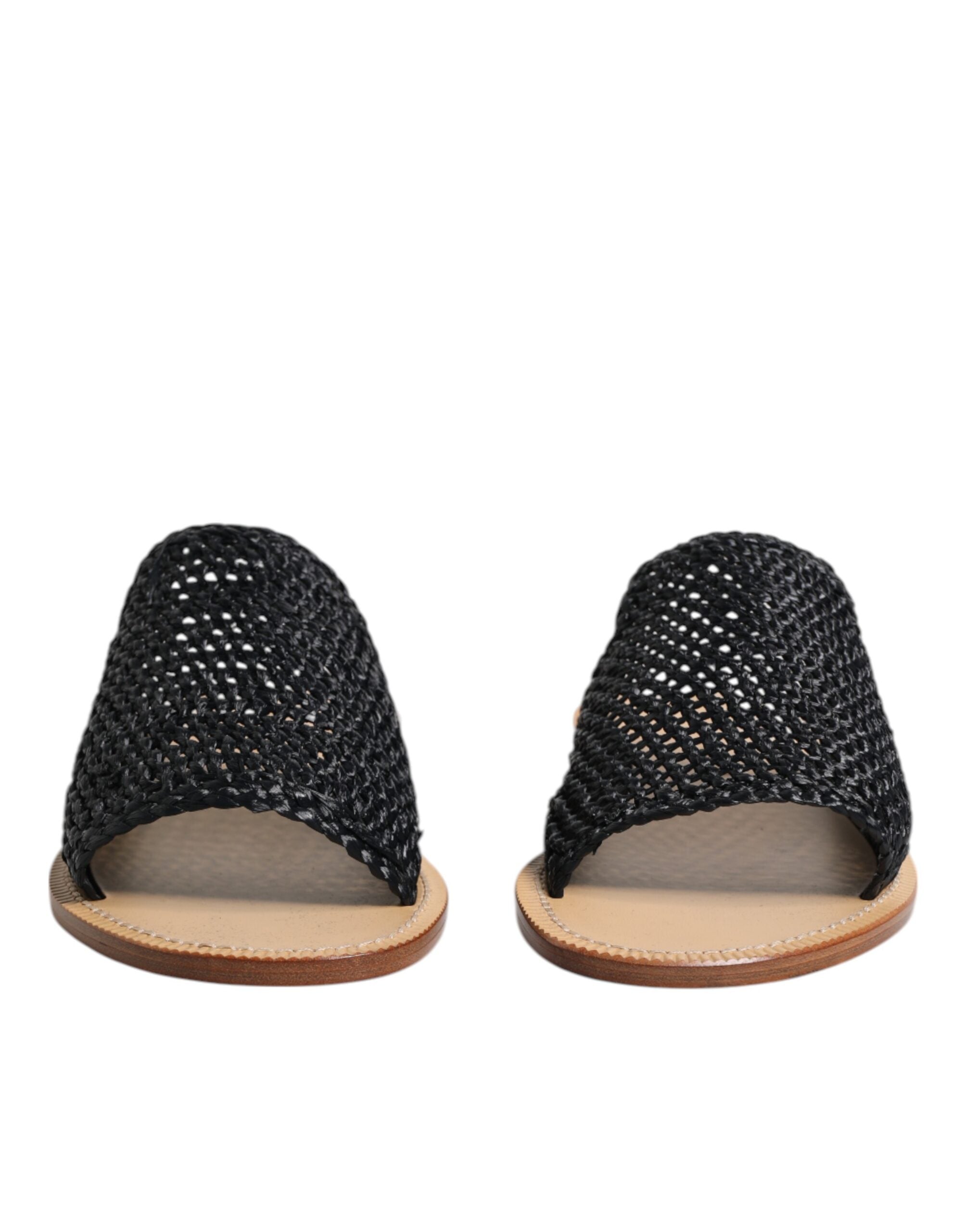 Black Monochrome Braided Raffia Slides Shoes - ventzia
