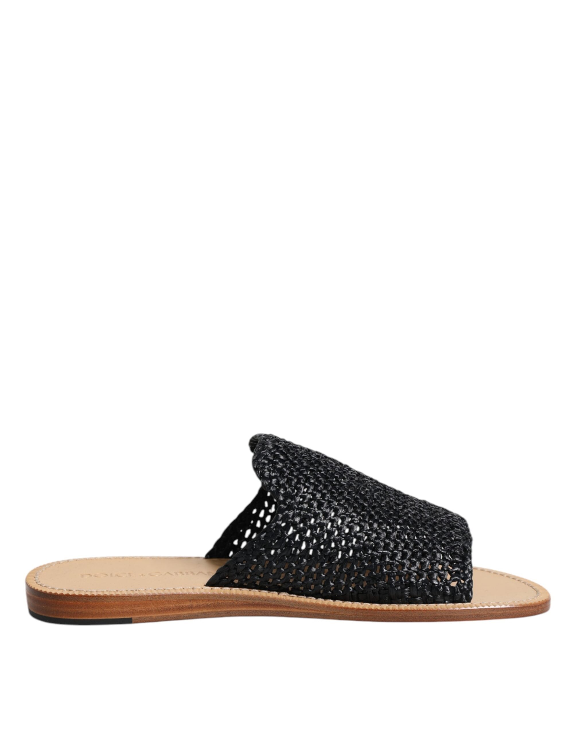Black Monochrome Braided Raffia Slides Shoes - ventzia
