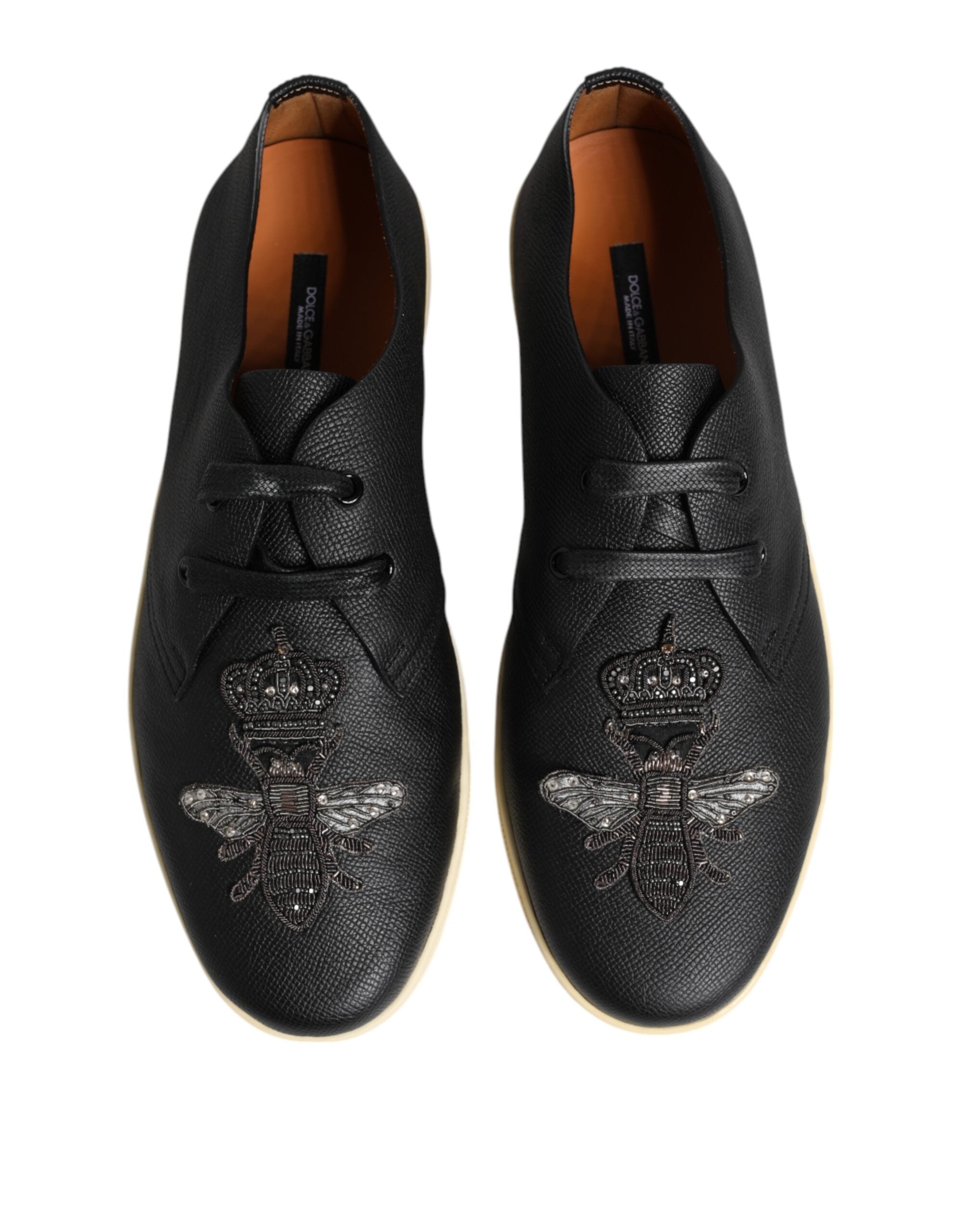 Black Leather Bee Crown Low Top Sneakers Shoes - ventzia