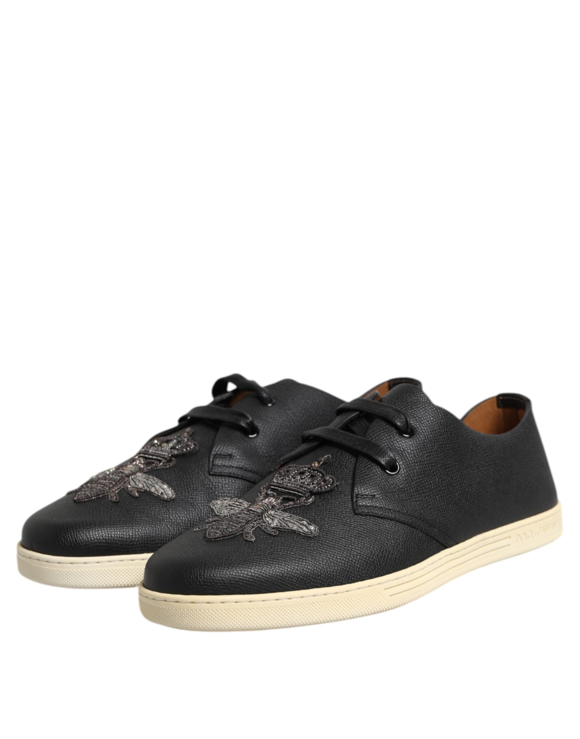 Black Leather Bee Crown Low Top Sneakers Shoes - ventzia