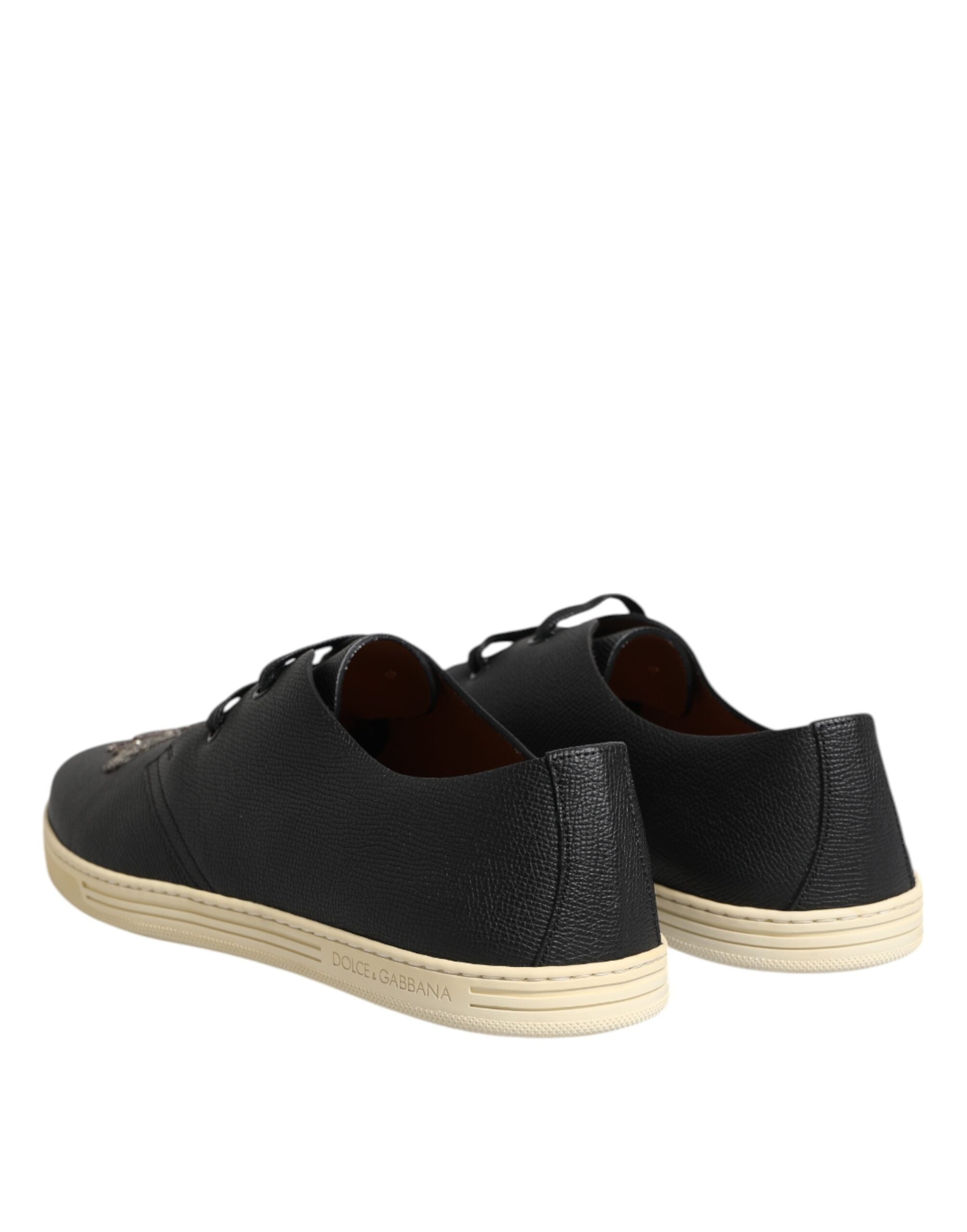 Black Leather Bee Crown Low Top Sneakers Shoes - ventzia