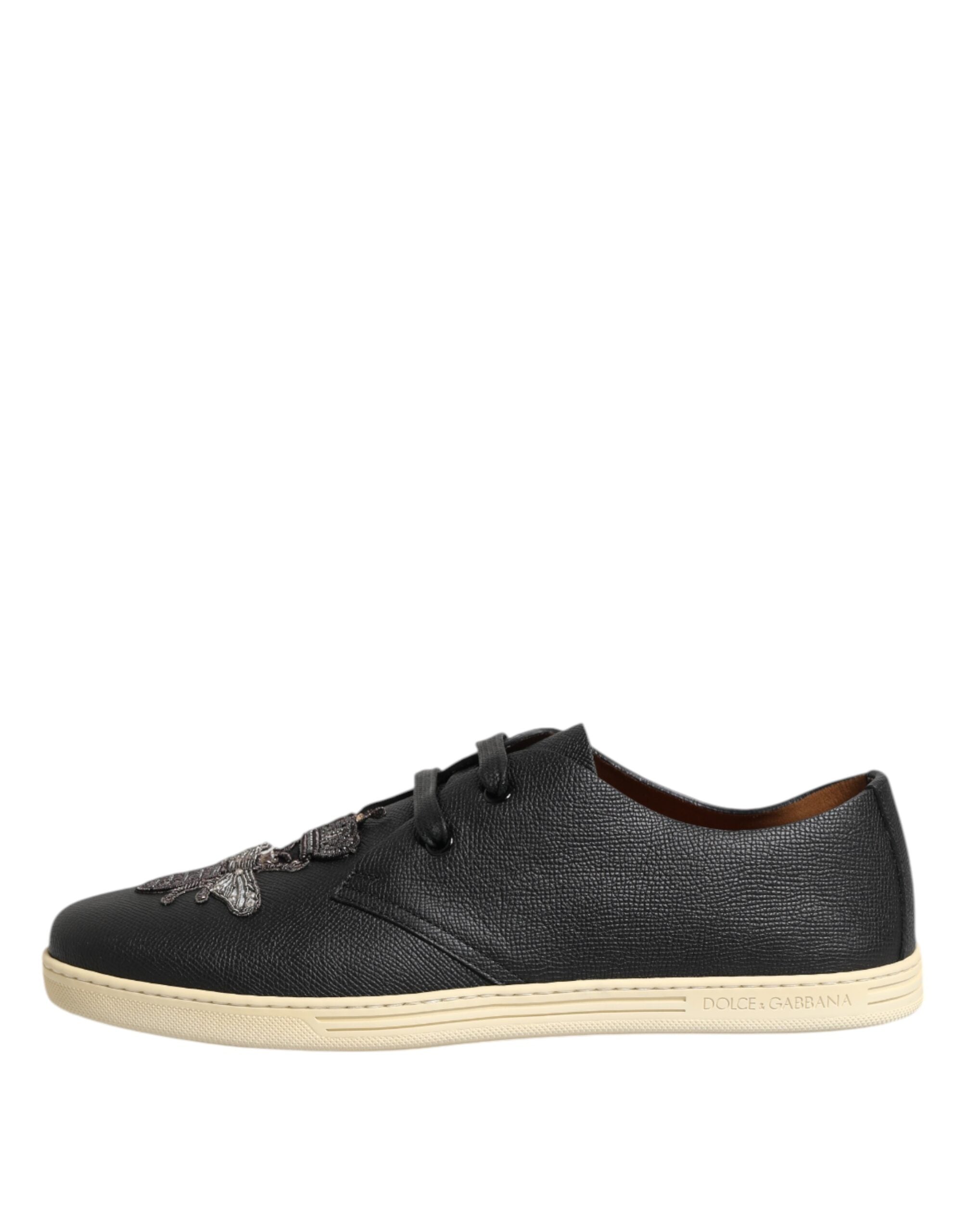 Black Leather Bee Crown Low Top Sneakers Shoes - ventzia