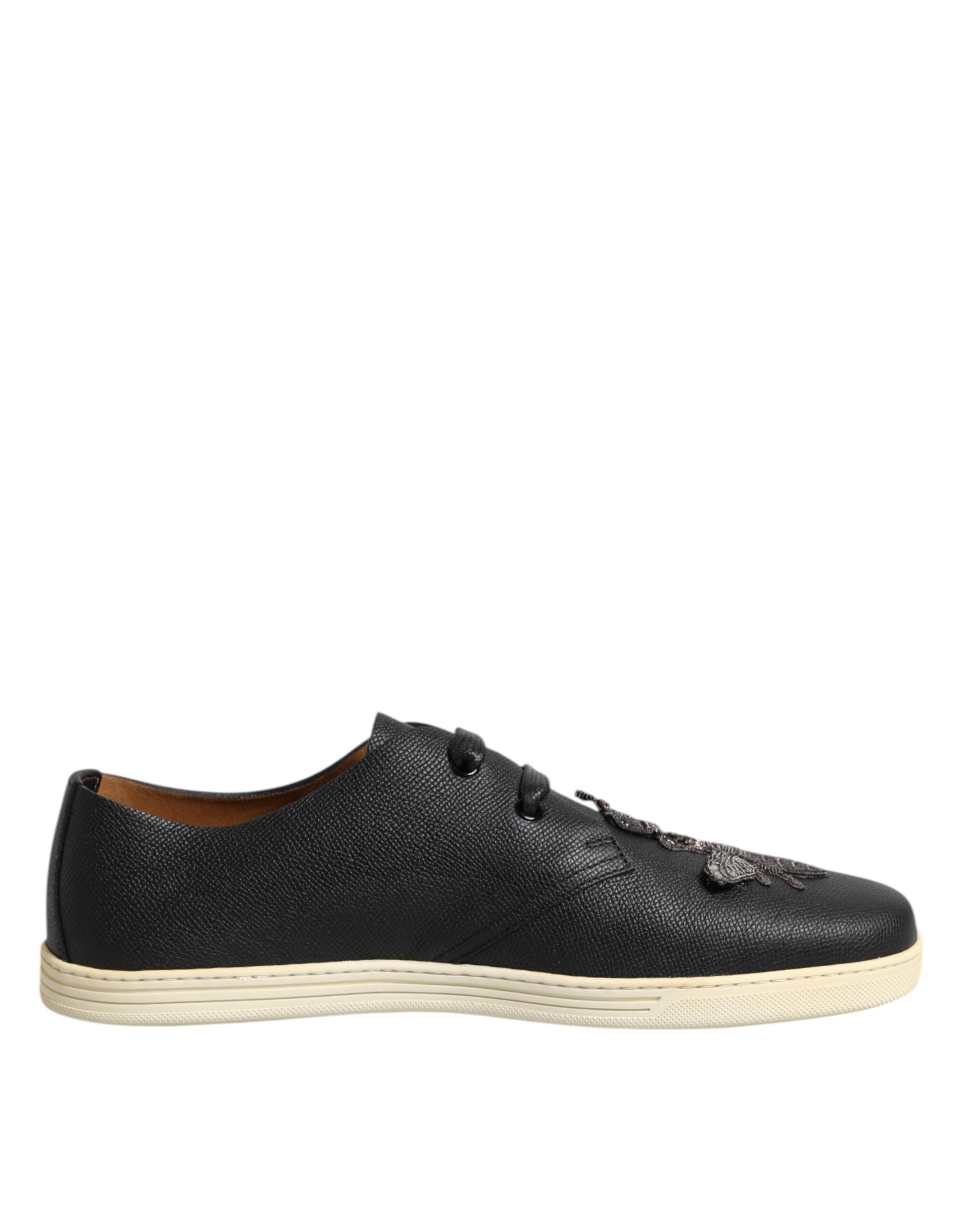 Black Leather Bee Crown Low Top Sneakers Shoes - ventzia
