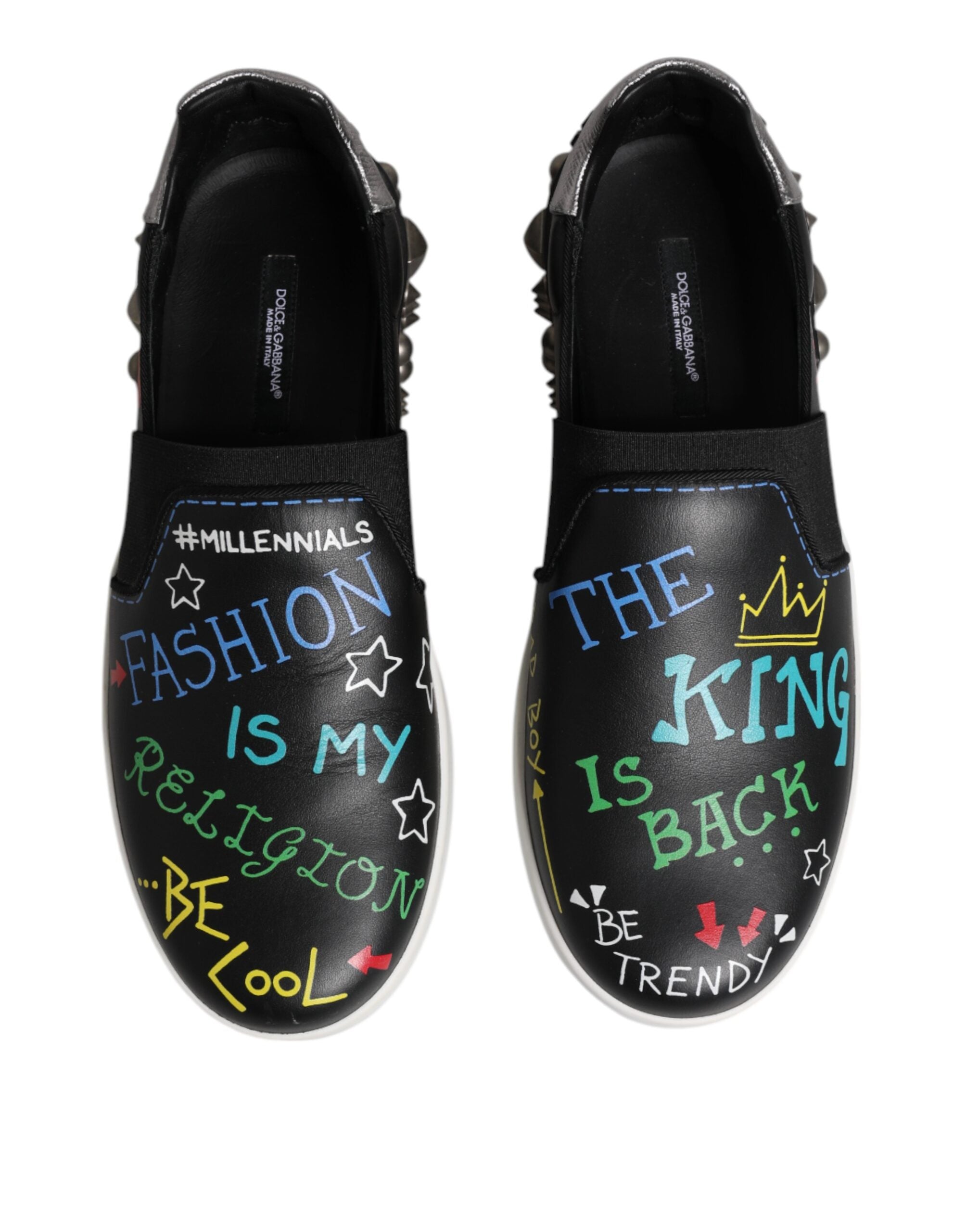 Black Leather Studded Graffiti Sneakers Shoes - ventzia