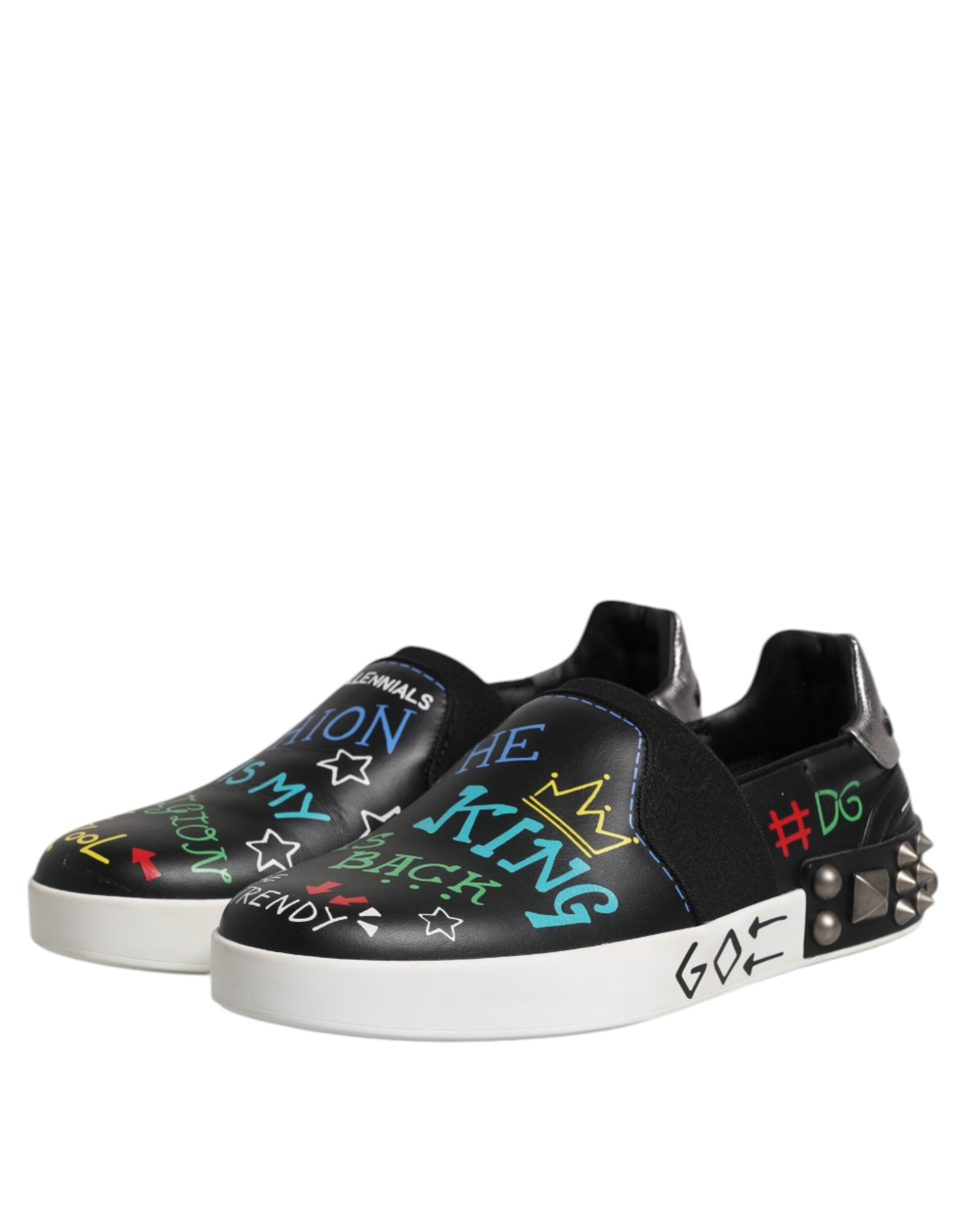 Black Leather Studded Graffiti Sneakers Shoes - ventzia
