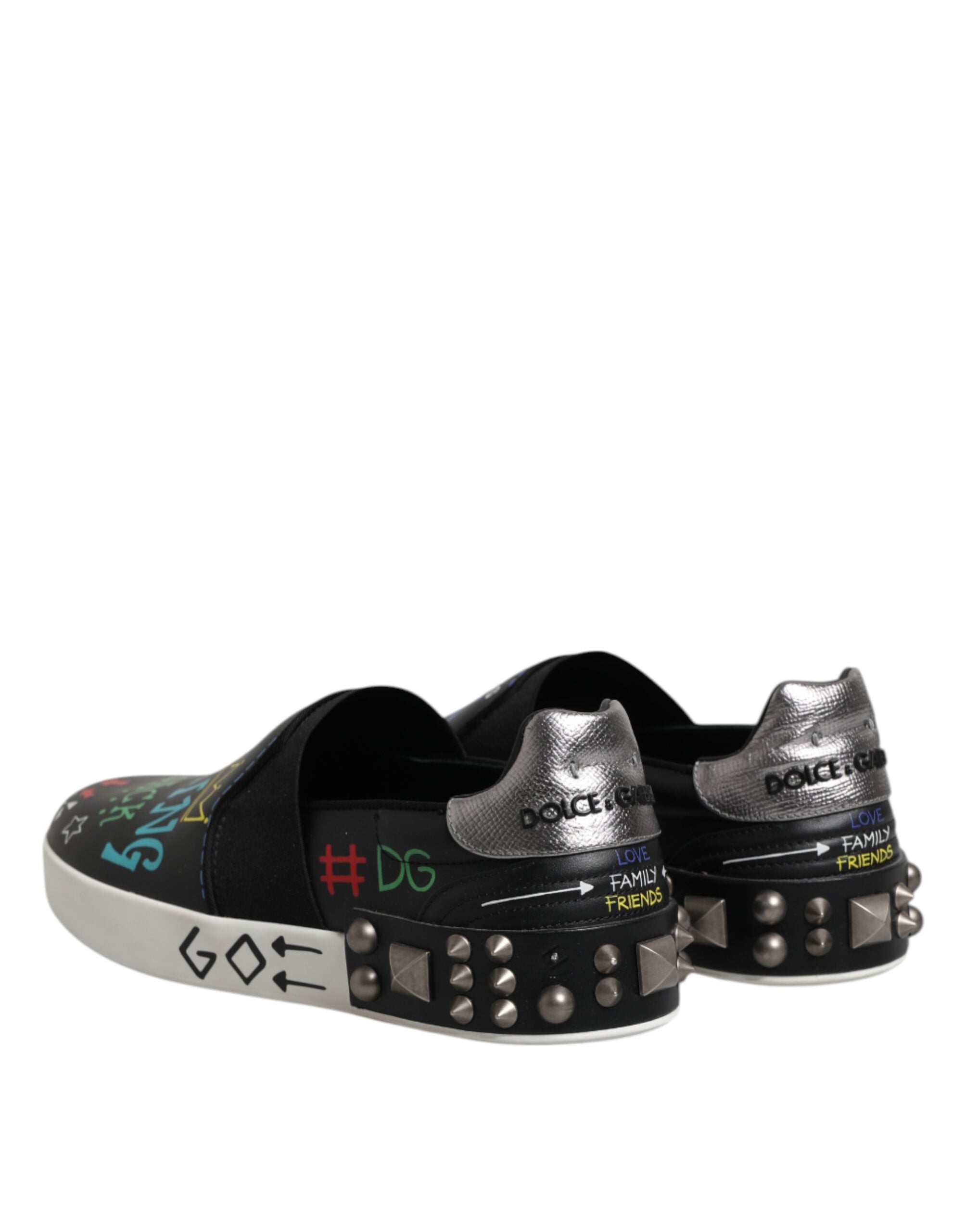 Black Leather Studded Graffiti Sneakers Shoes - ventzia