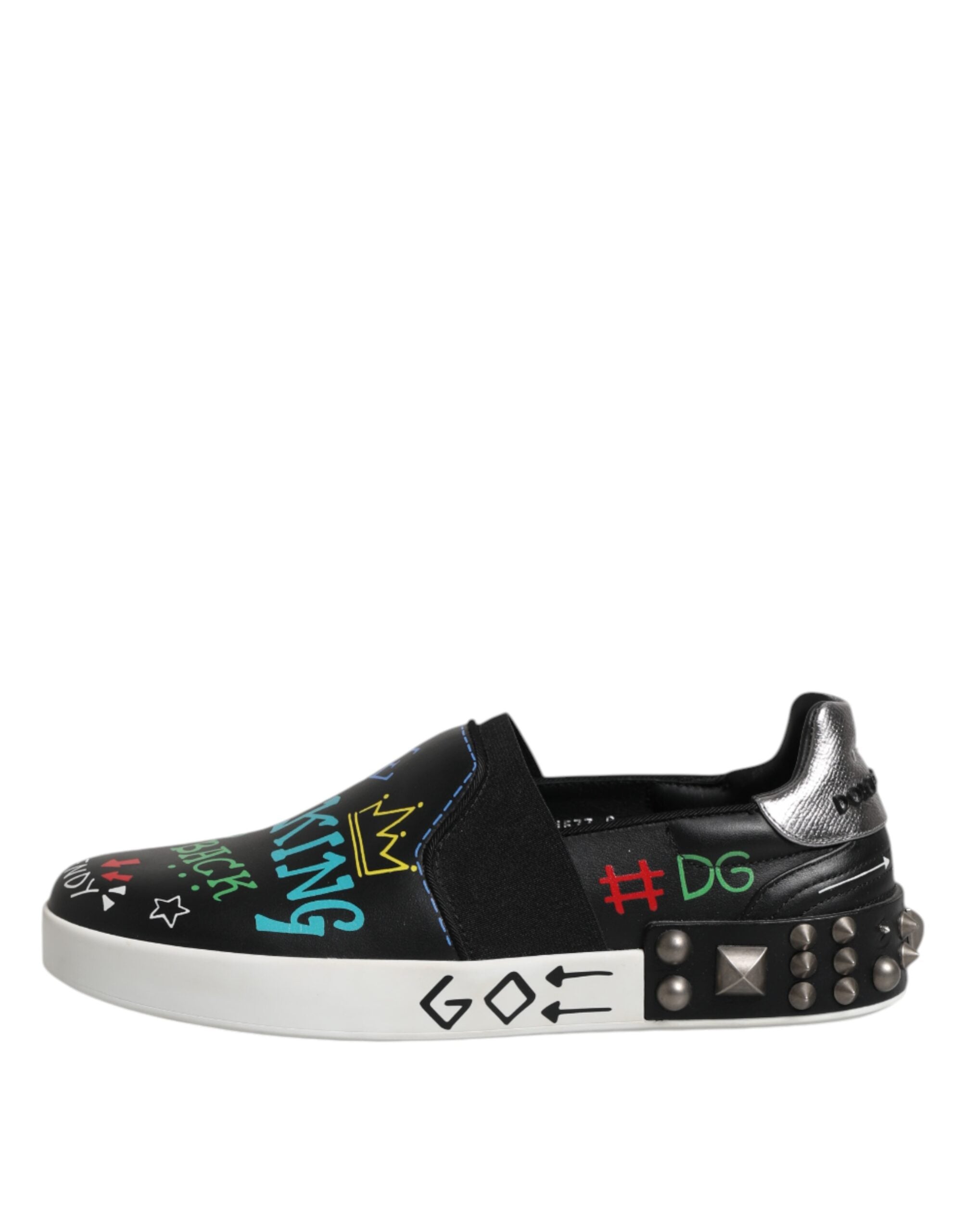 Black Leather Studded Graffiti Sneakers Shoes - ventzia