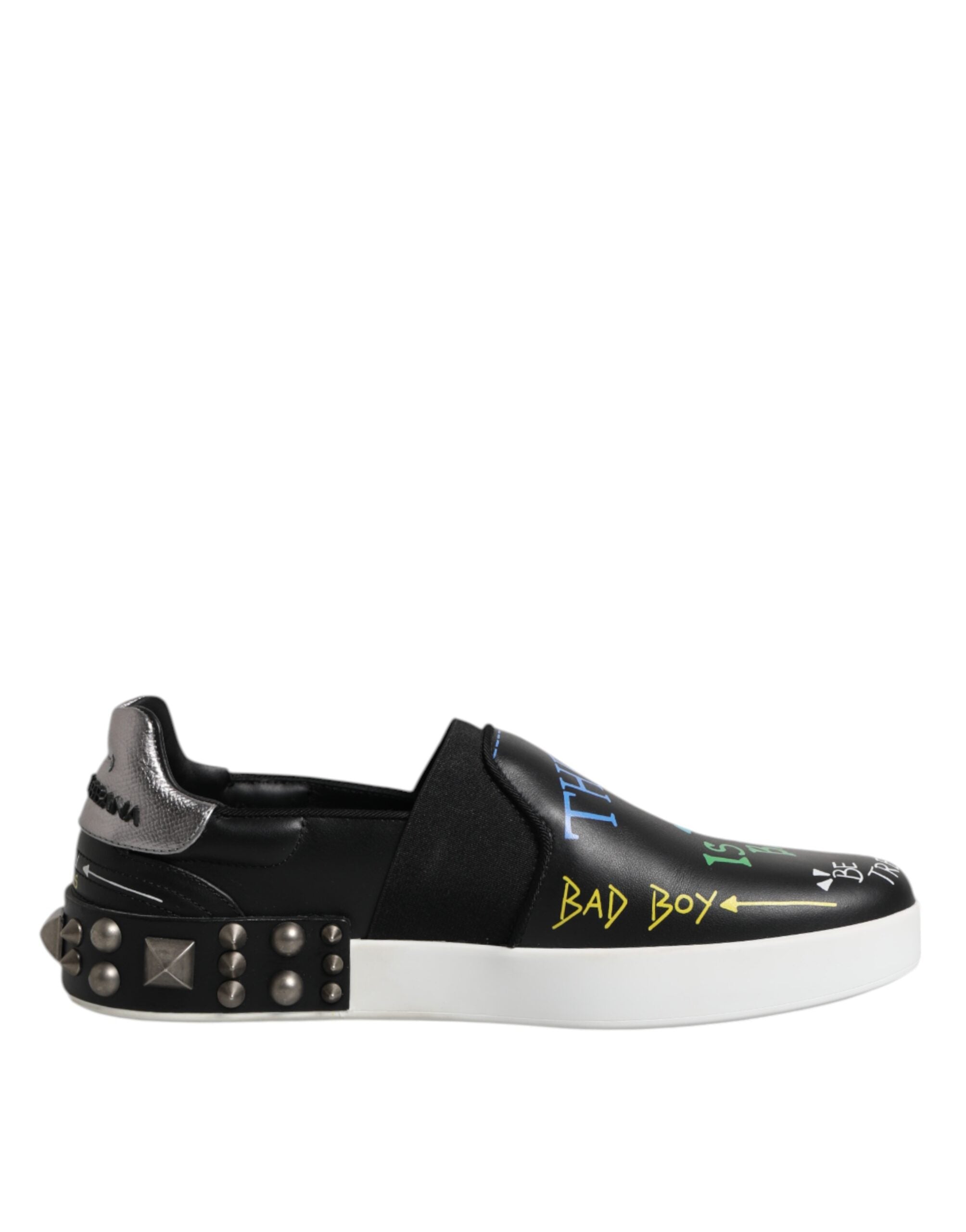 Black Leather Studded Graffiti Sneakers Shoes - ventzia