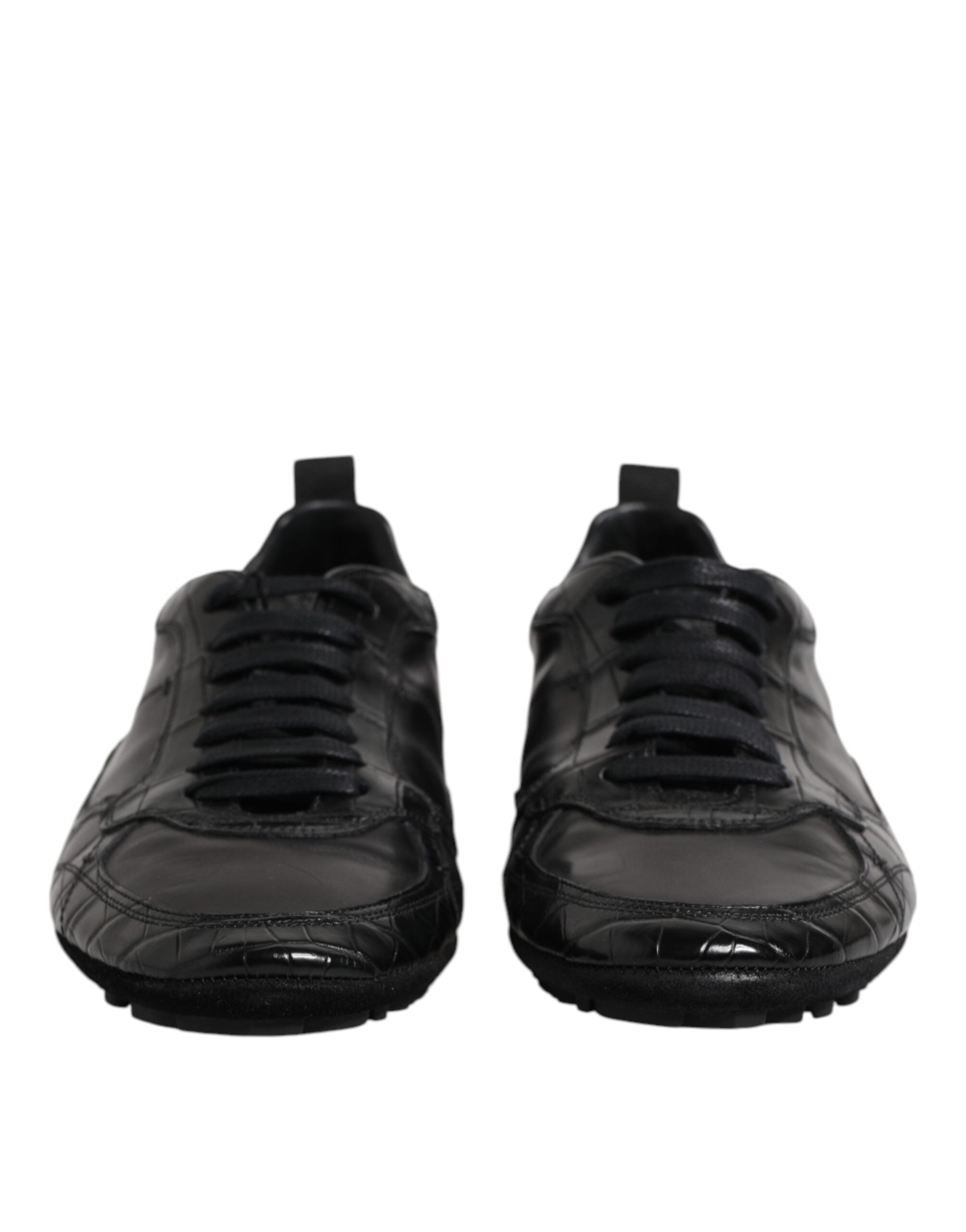 Black Exotic Leather Low Top Sneakers Shoes - ventzia
