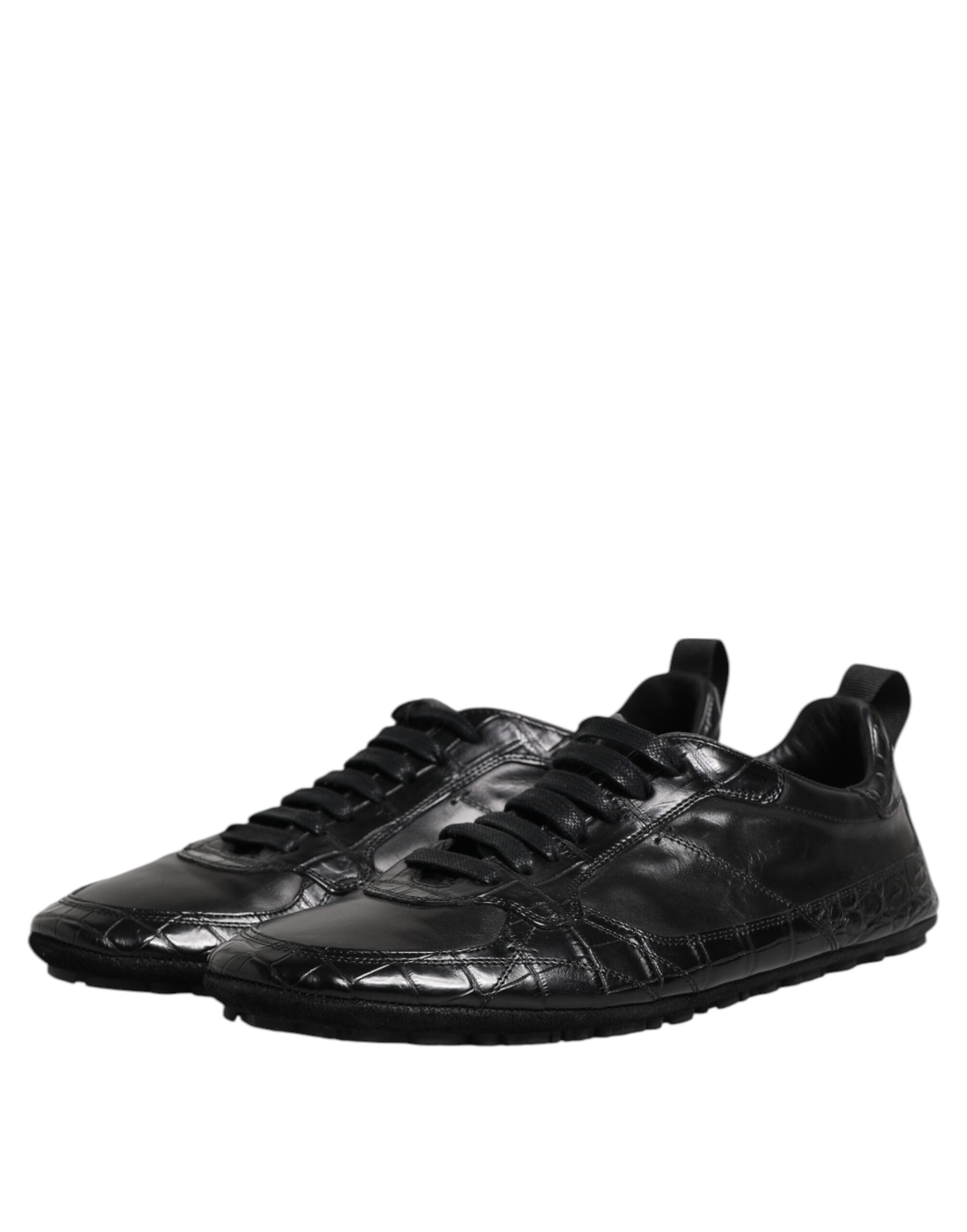 Black Exotic Leather Low Top Sneakers Shoes - ventzia