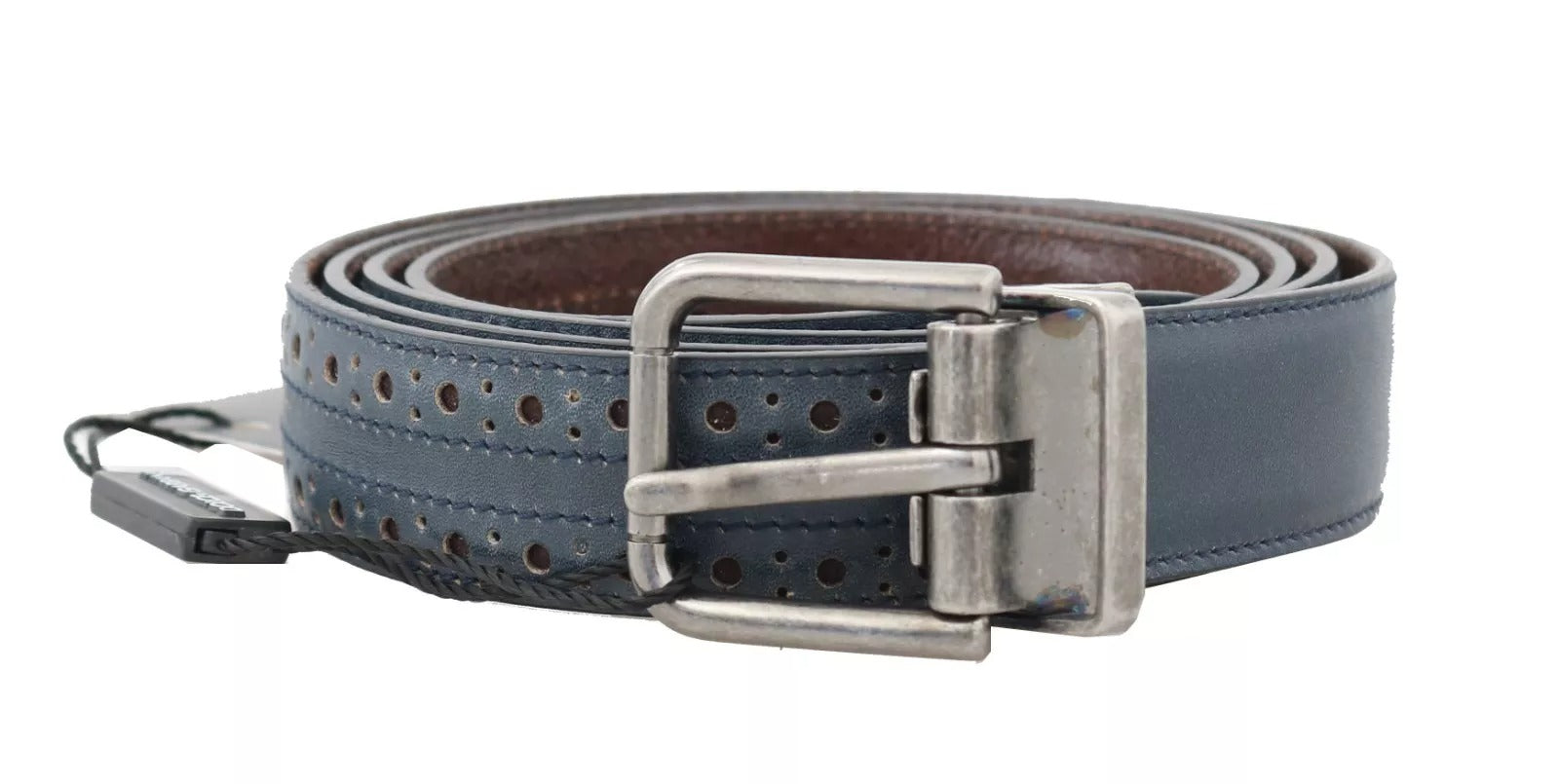 Blue Perforated Leather Gray Buckle Belt - ventzia