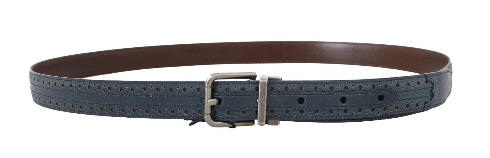 Blue Perforated Leather Gray Buckle Belt - ventzia