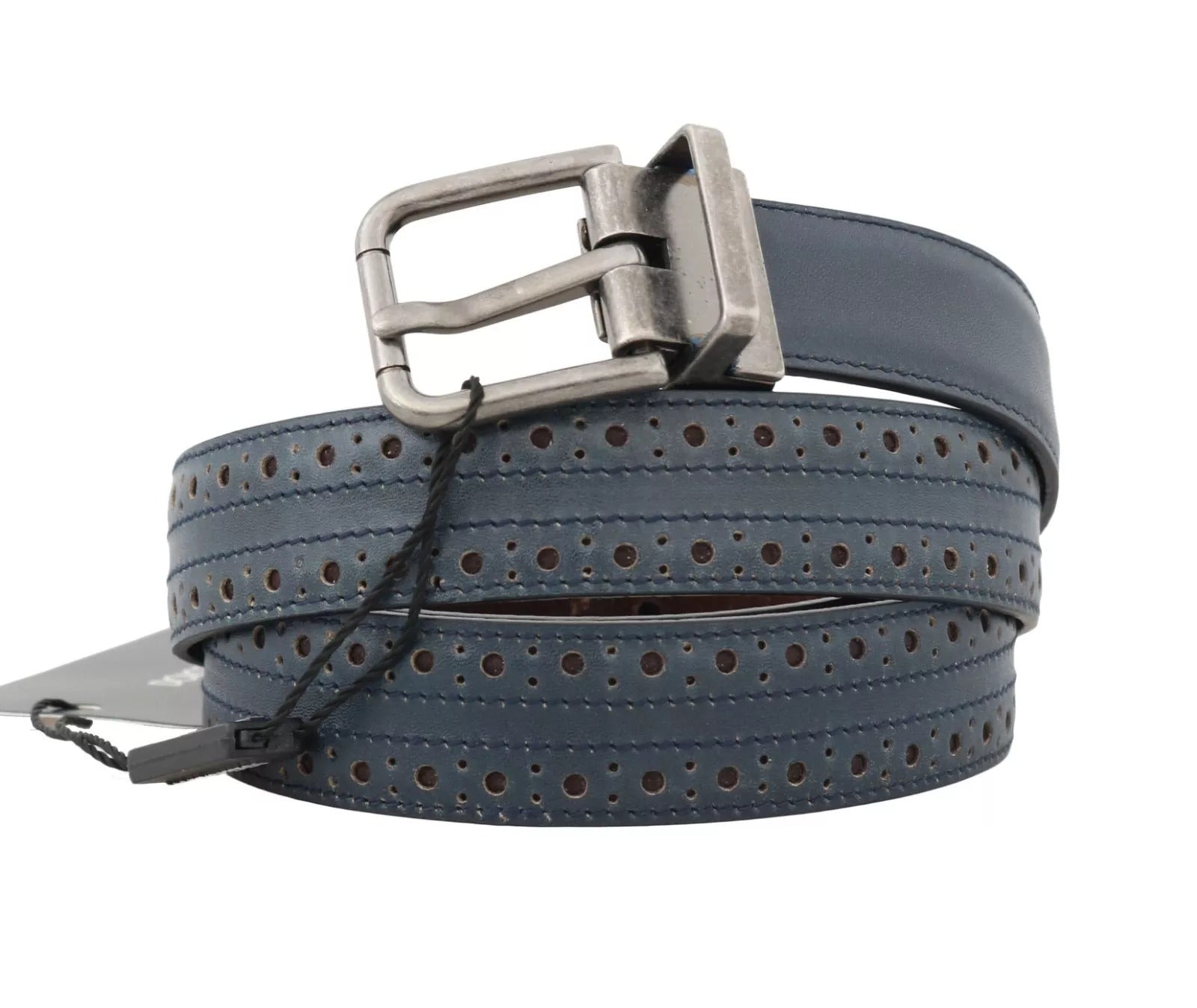 Blue Perforated Leather Gray Buckle Belt - ventzia