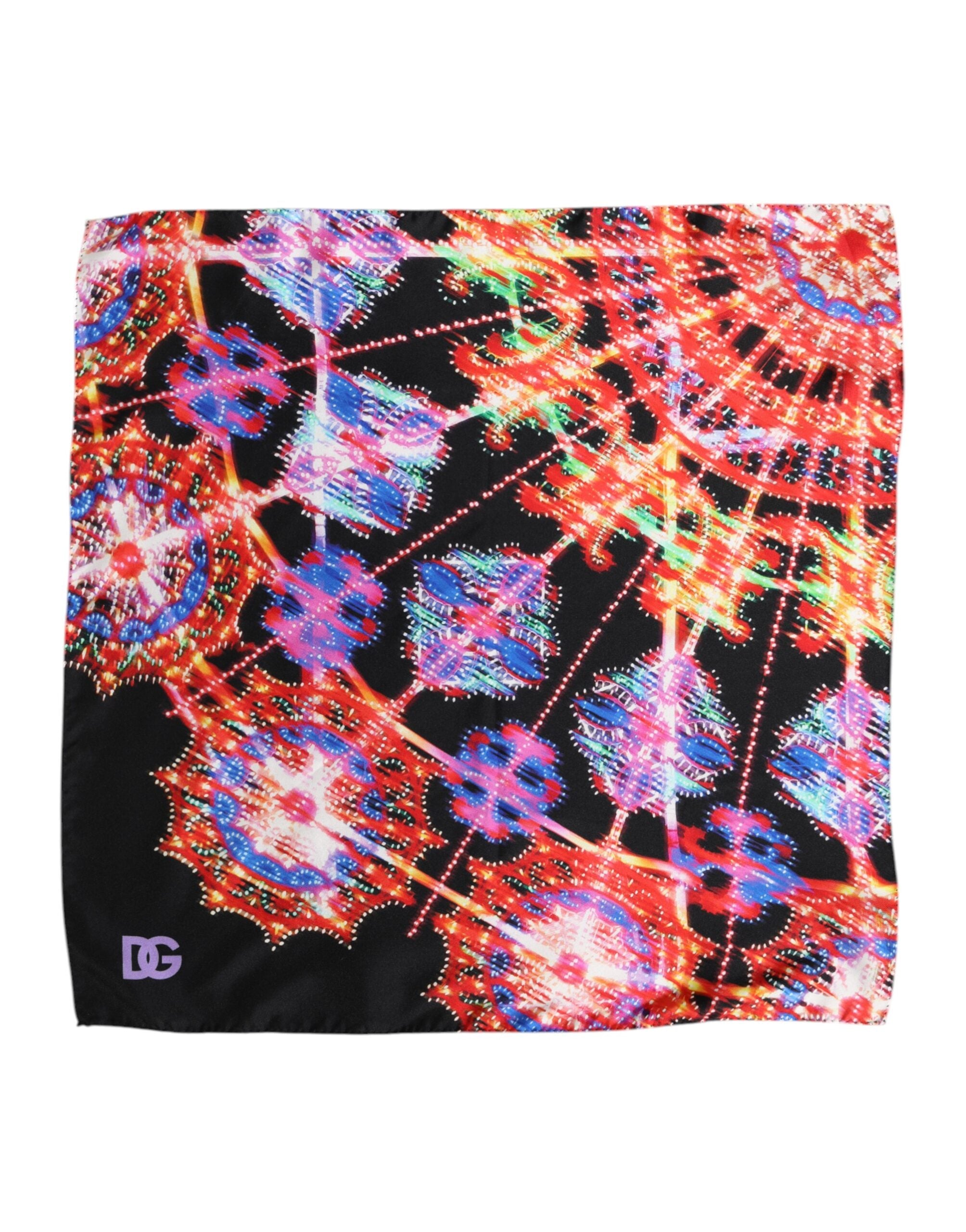 Black Multicolor Print Square Foulard Scarf - ventzia