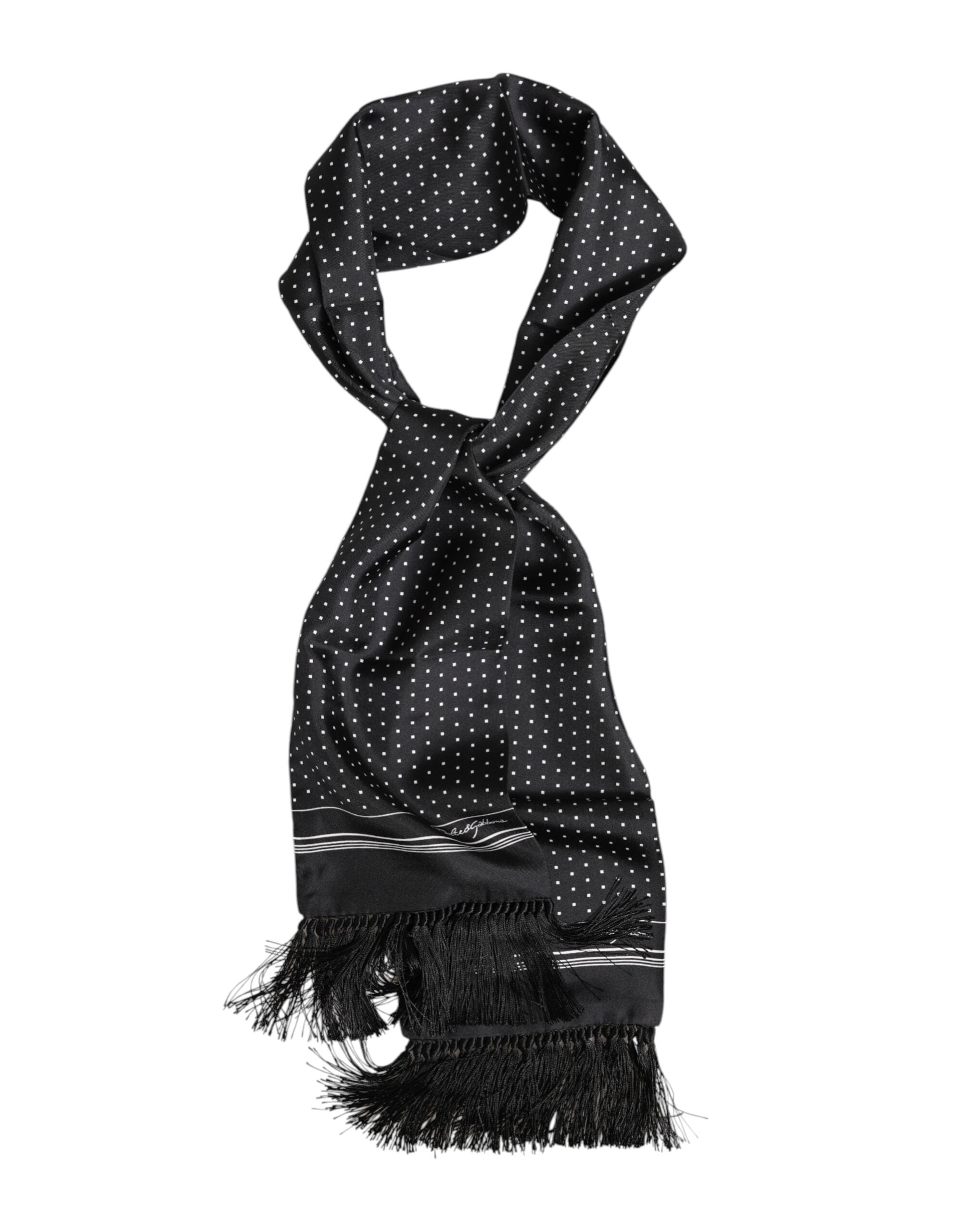 Black White Polka Dot Fringes Foulard Scarf - ventzia