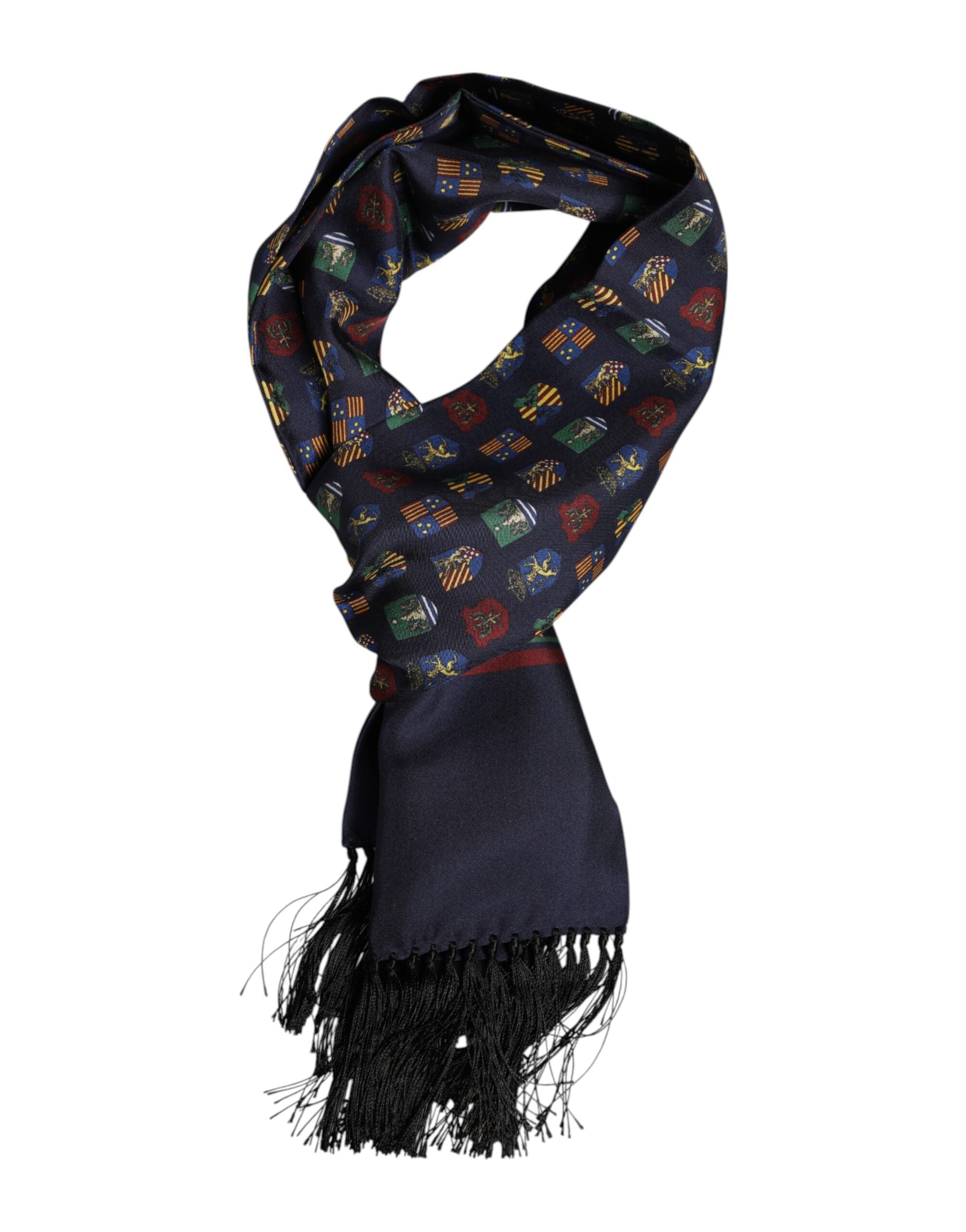 Blue Silk Printed Fringes Foulard Scarf - ventzia