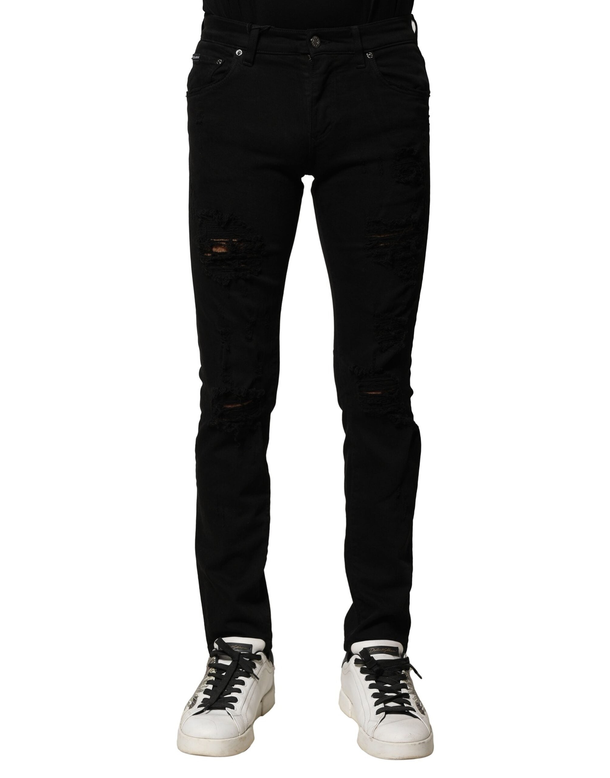 Black Cotton Logo Plaque Slim Denim Jeans - ventzia