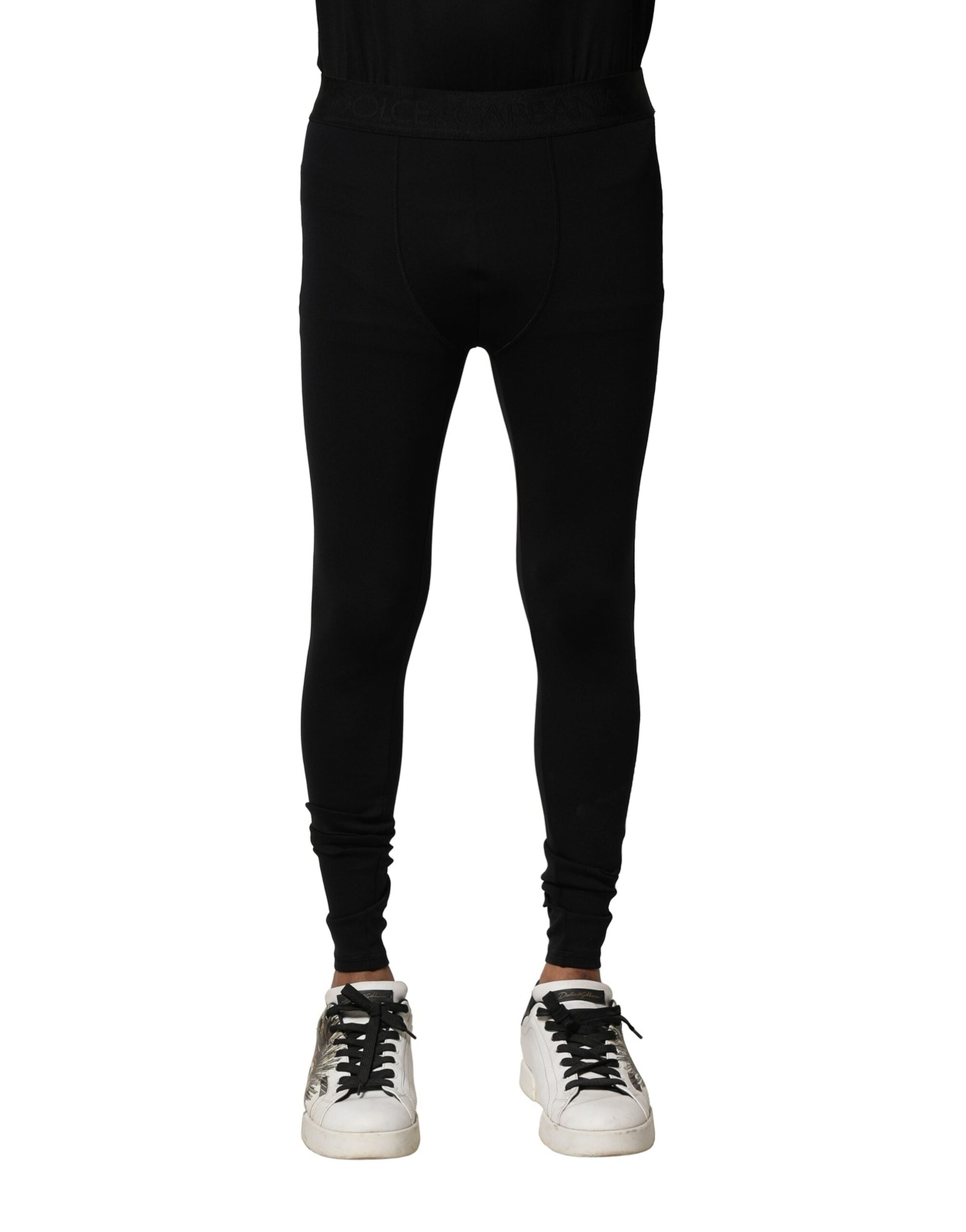 Black Nylon Elastic Logo Men Leggings Pants - ventzia