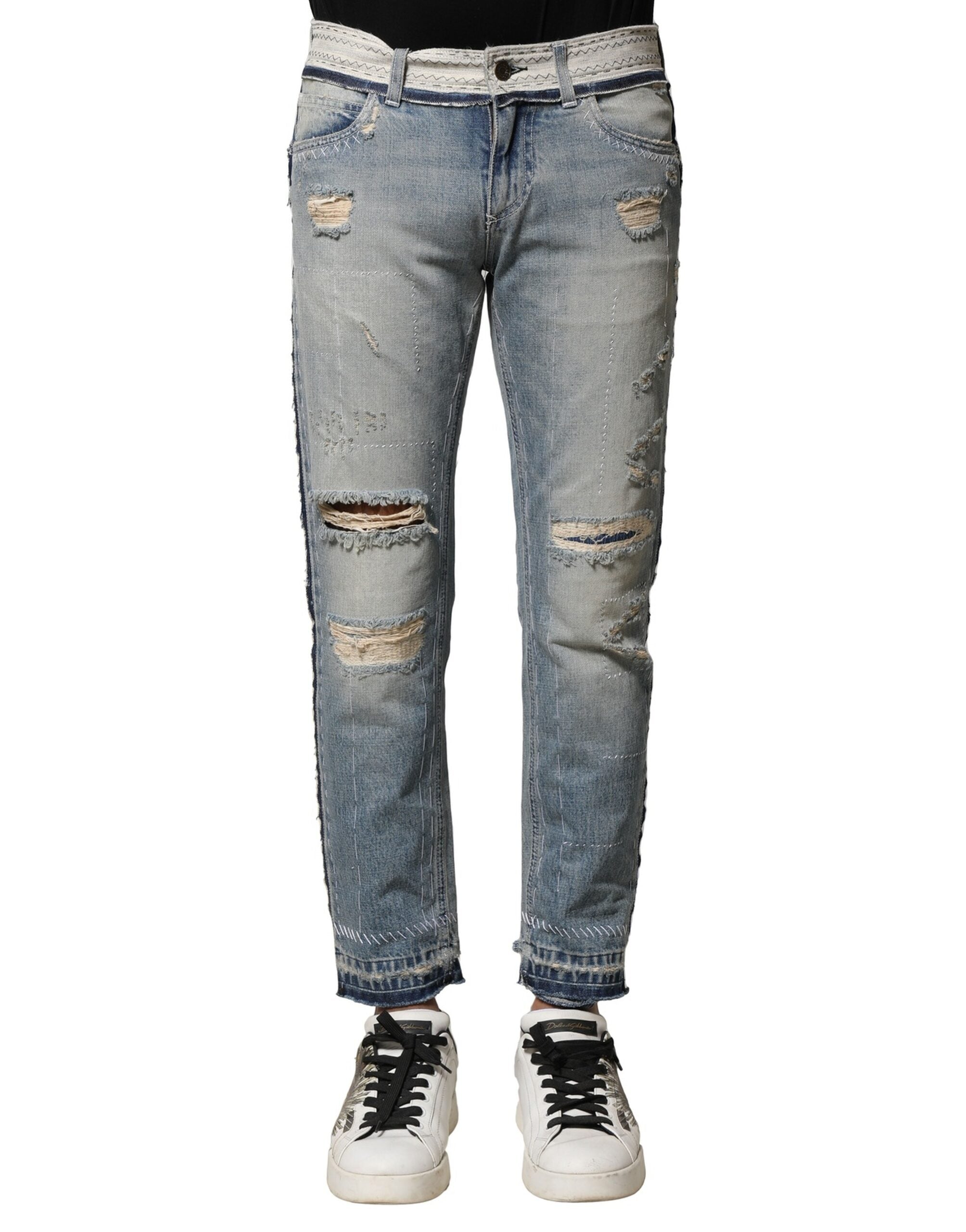 Light Blue Tattered Straight Men Denim Jeans - ventzia