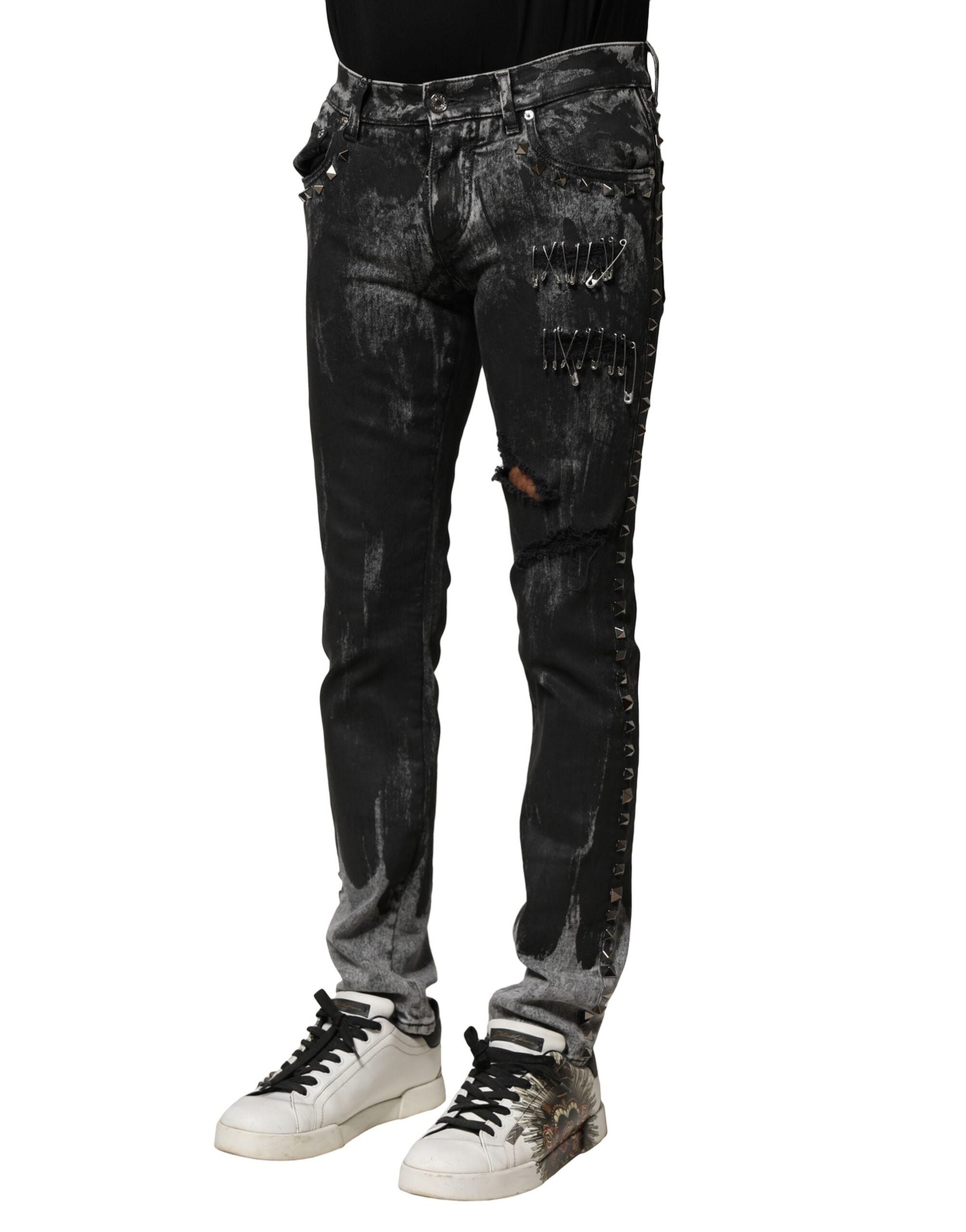 Black Washed Embellished Skinny Denim Jeans - ventzia