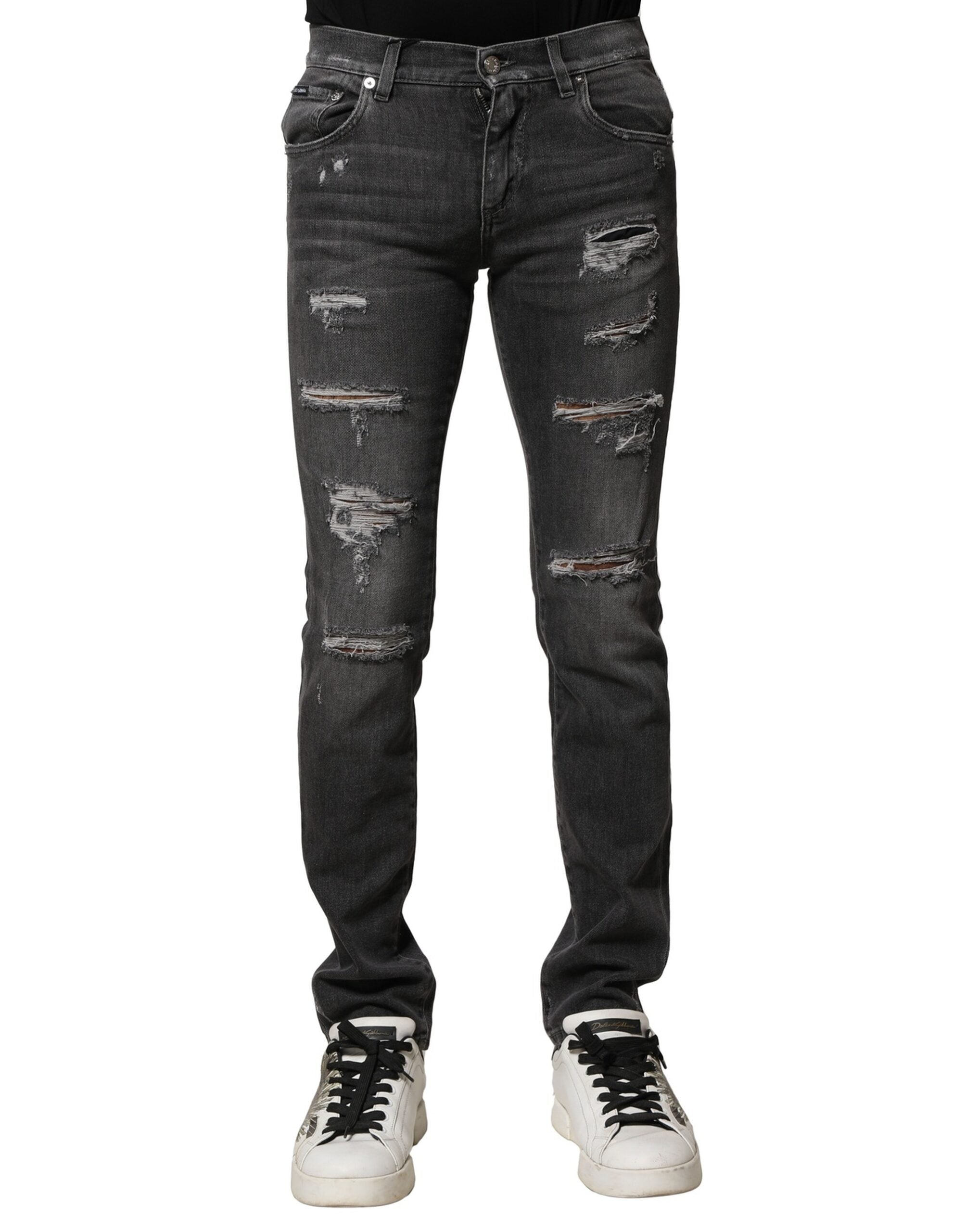 Black Washed Tattered Slim Fit Denim Jeans - ventzia