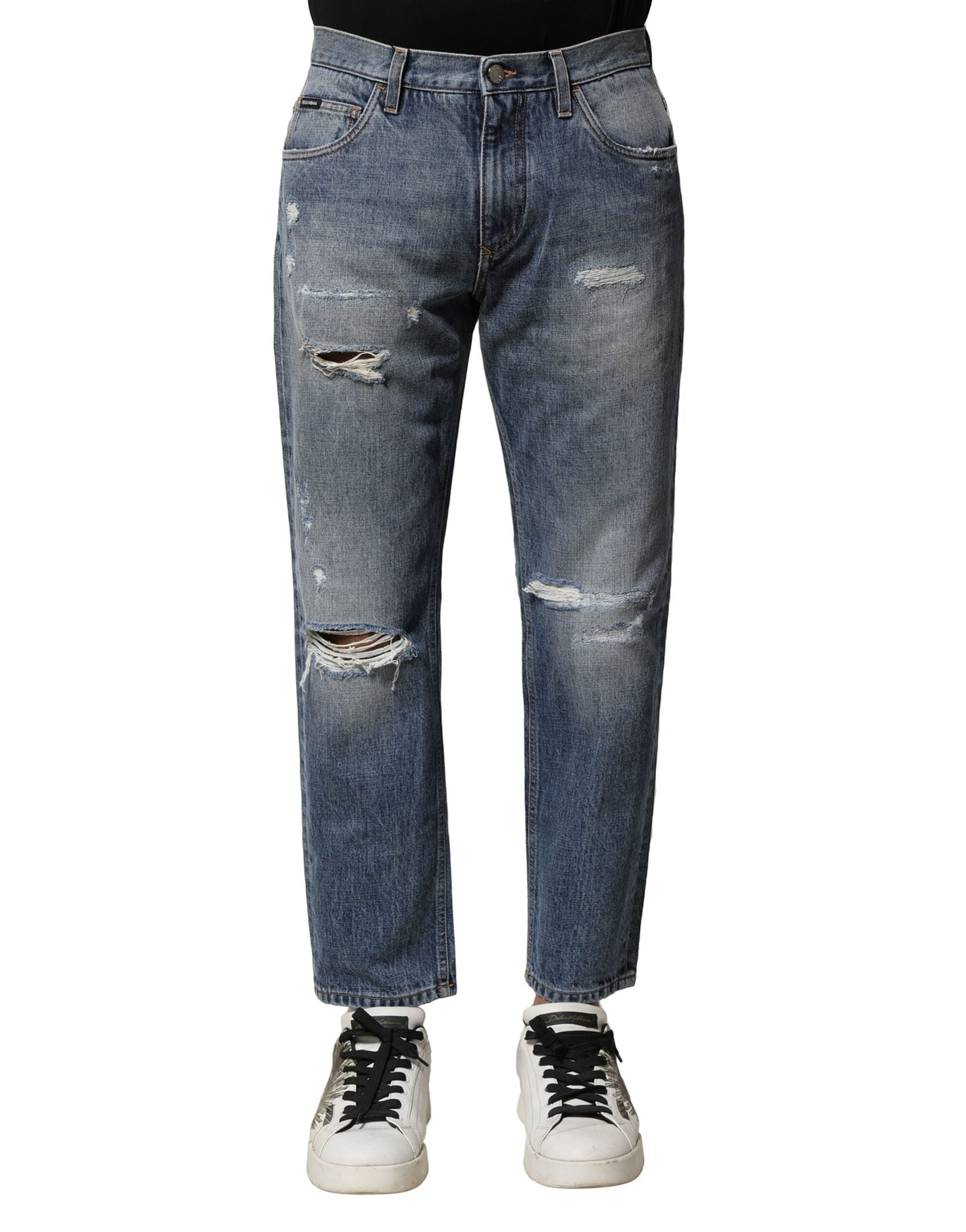 Blue Washed Tattered Straight Fit Denim Jeans - ventzia