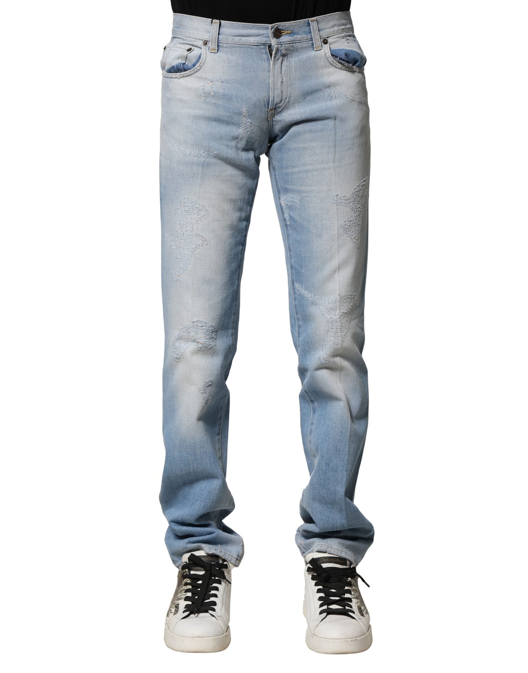 Light Blue Washed Straight Fit Denim Jeans - ventzia