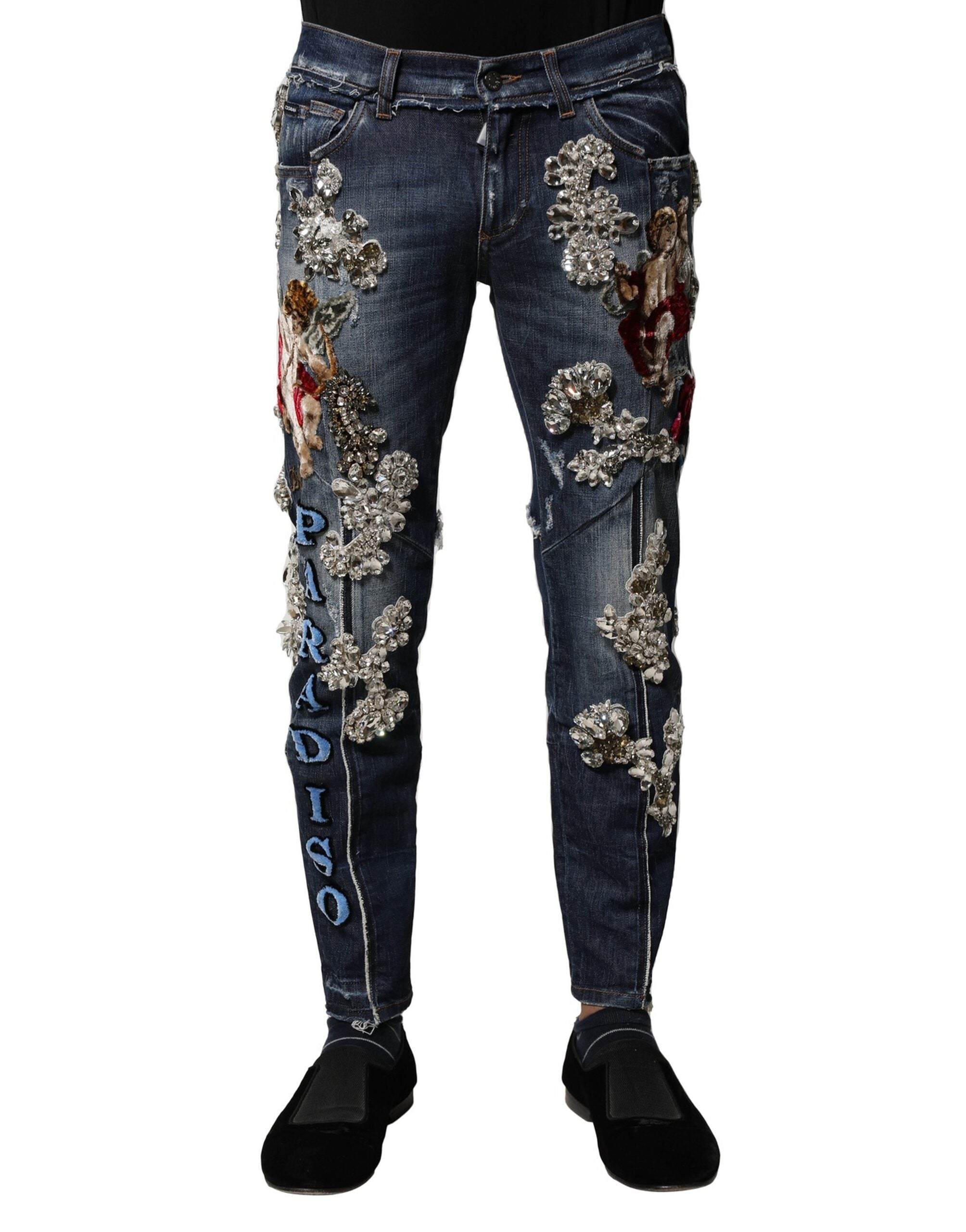 Blue Cotton Rhinestone Embellish Denim Jeans - ventzia