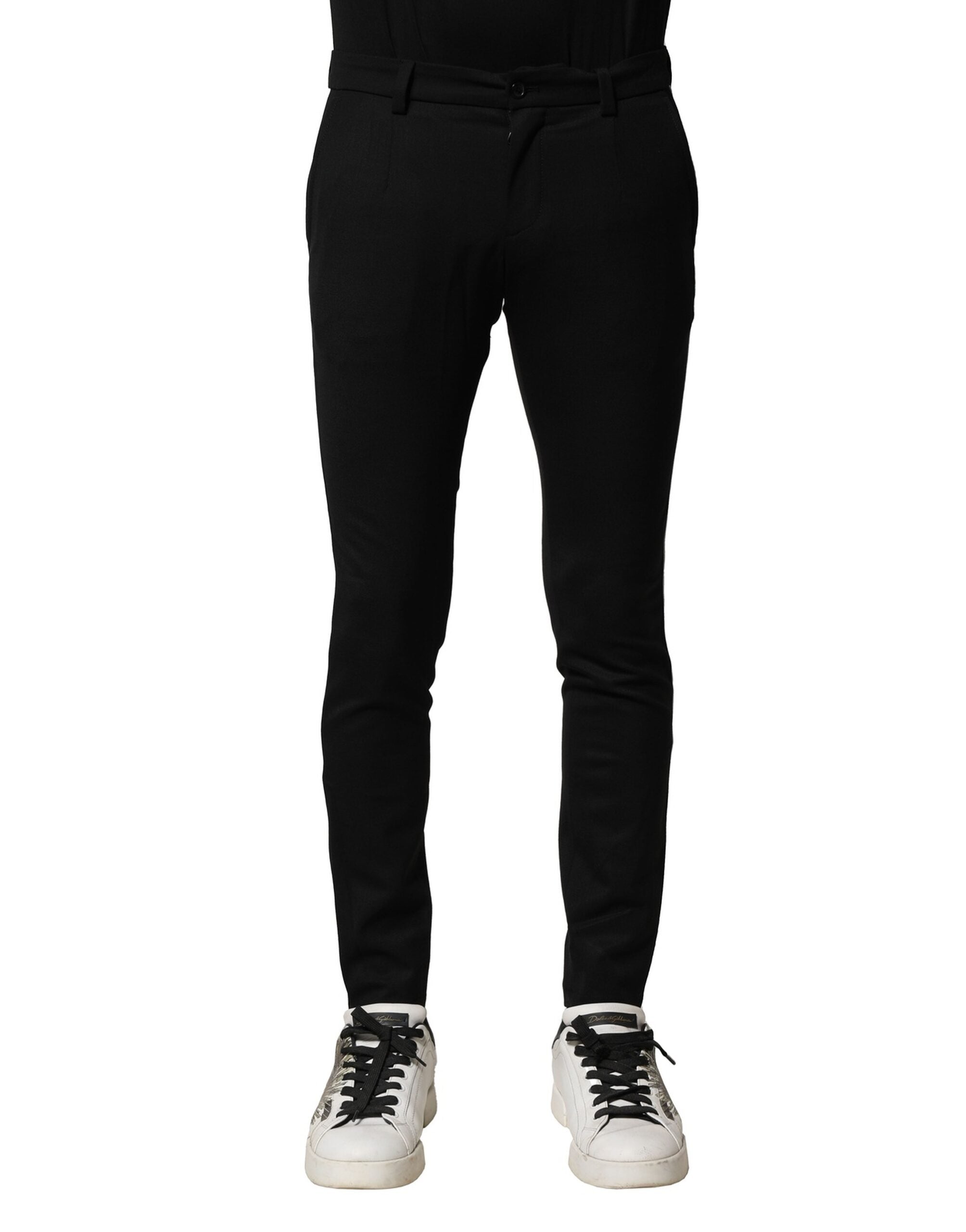 Black Wool Men Skinny Mid Waist Pants - ventzia