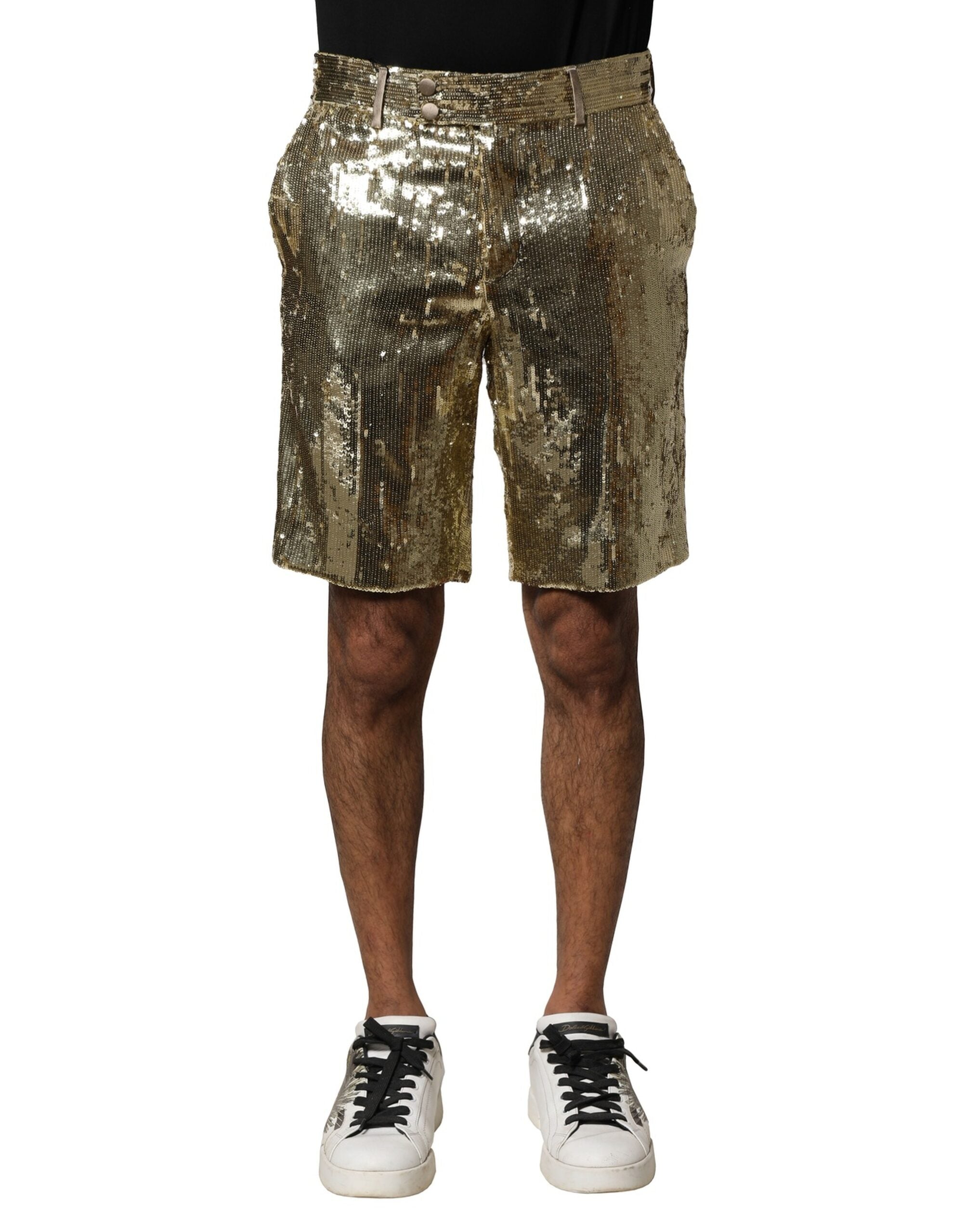 Gold Sequin Polyester Embellished Bermuda Shorts - ventzia