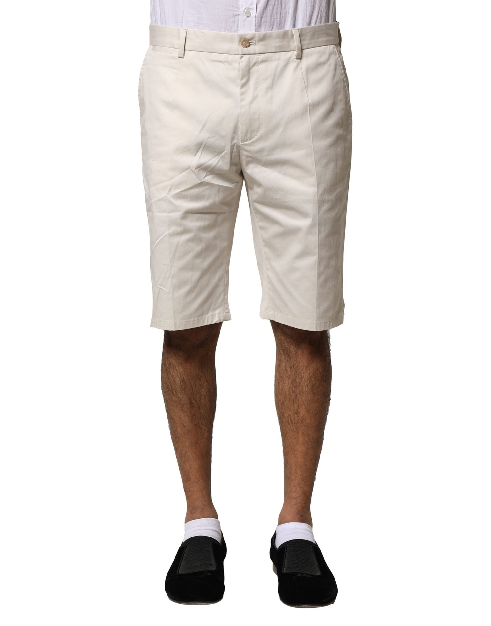 Beige Cotton Stretch Mid Waist Bermuda Shorts - ventzia