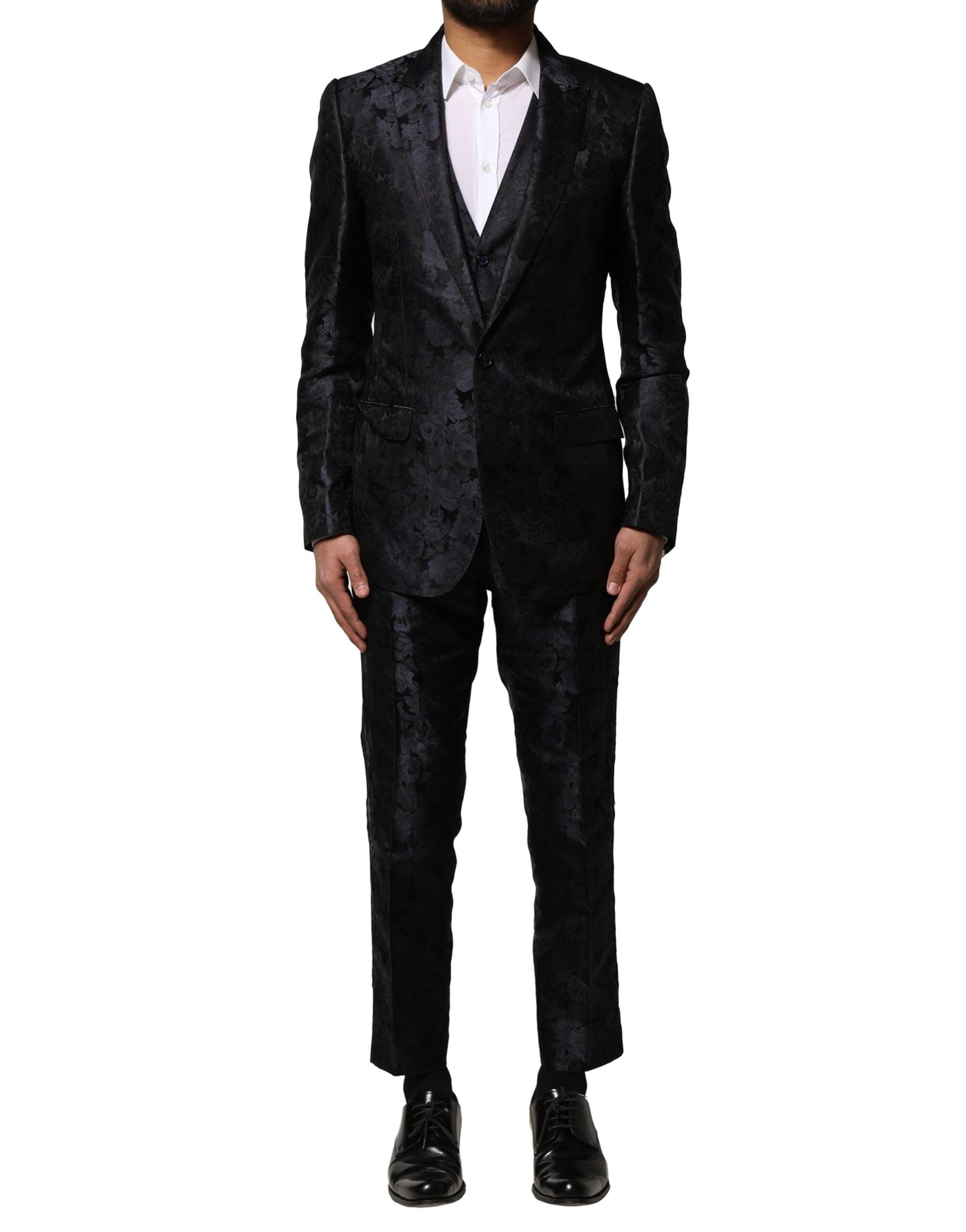 Black Jacquard 3 Piece Single Breasted Suit - ventzia