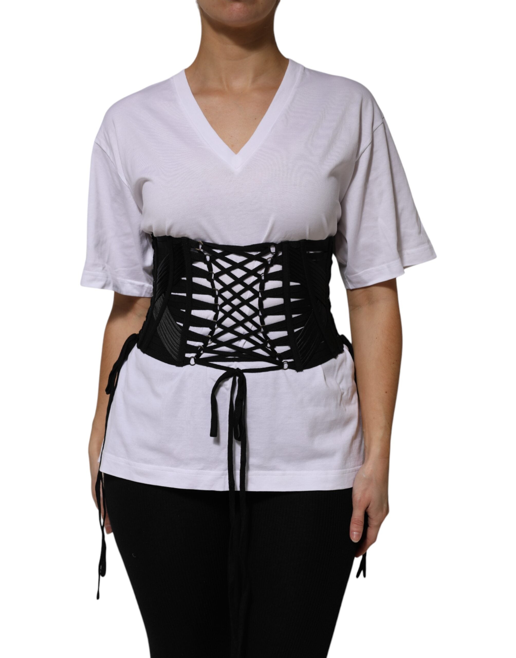 Black Cotton Waist LaceUp Strap Corset Belt - ventzia