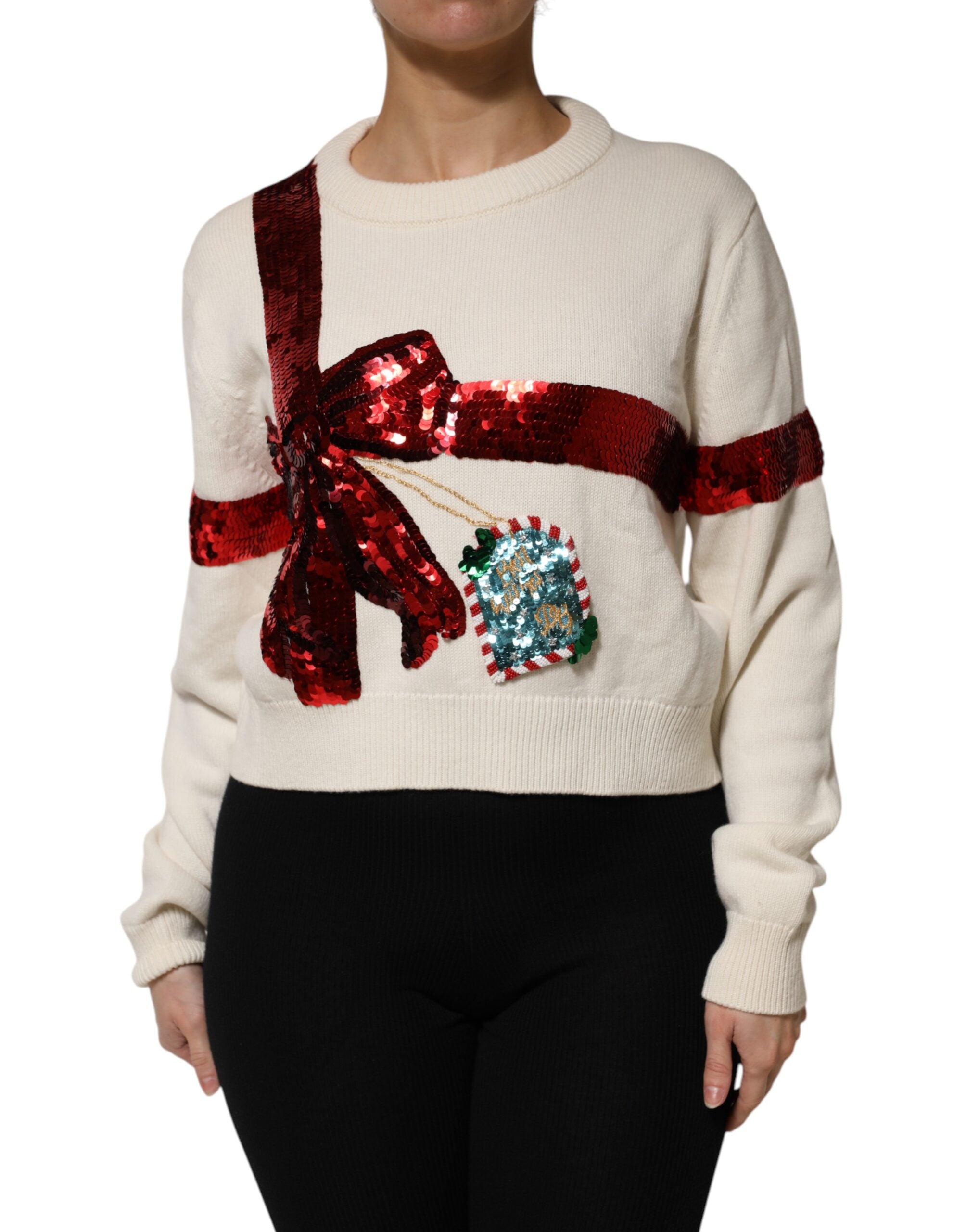 White Sequined Crew Neck Pullover Sweater - ventzia