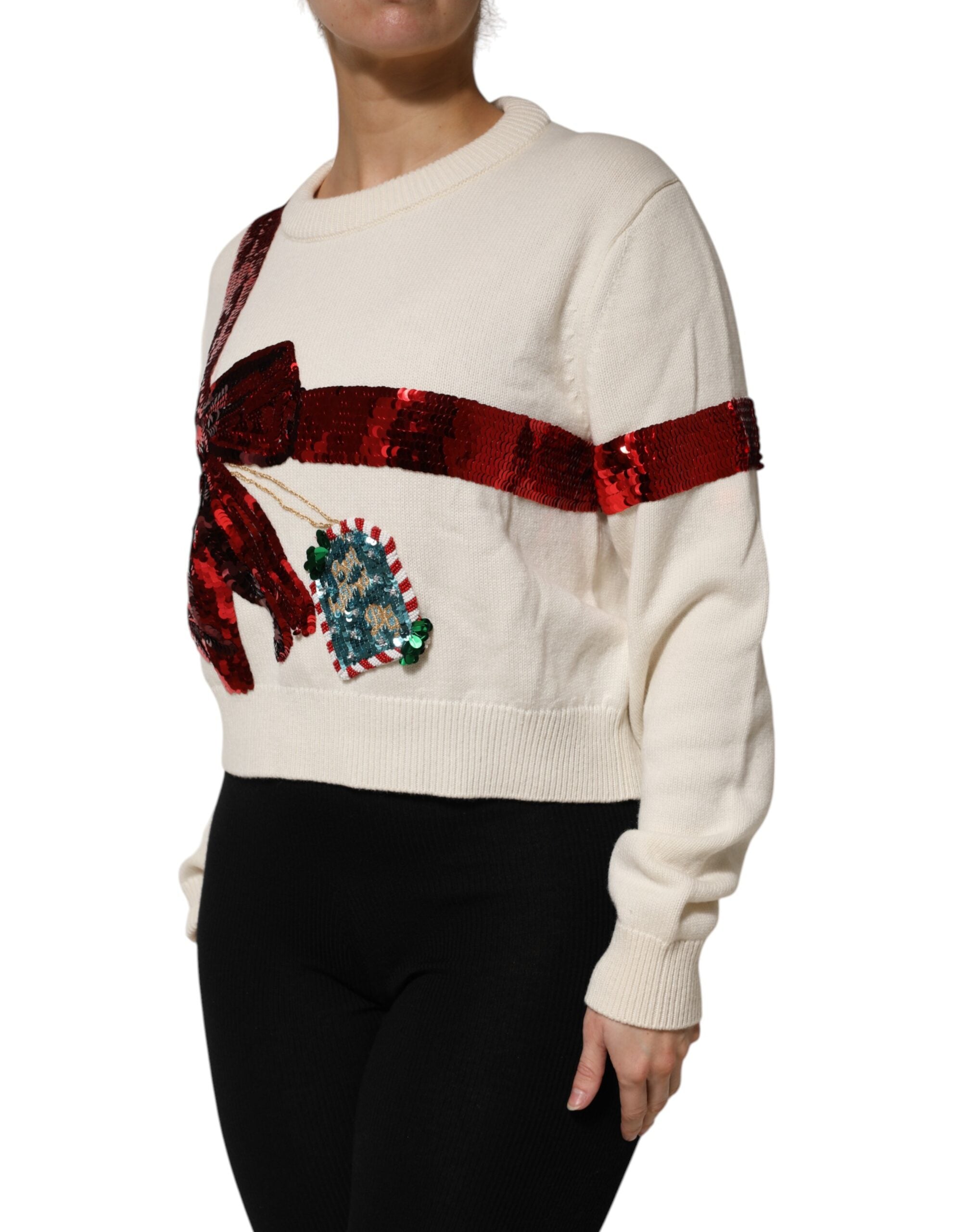 White Sequined Crew Neck Pullover Sweater - ventzia