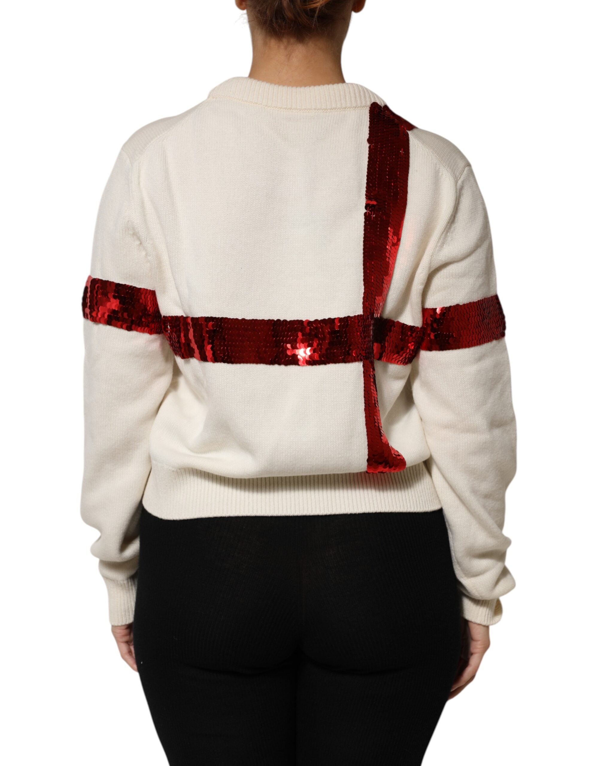 White Sequined Crew Neck Pullover Sweater - ventzia