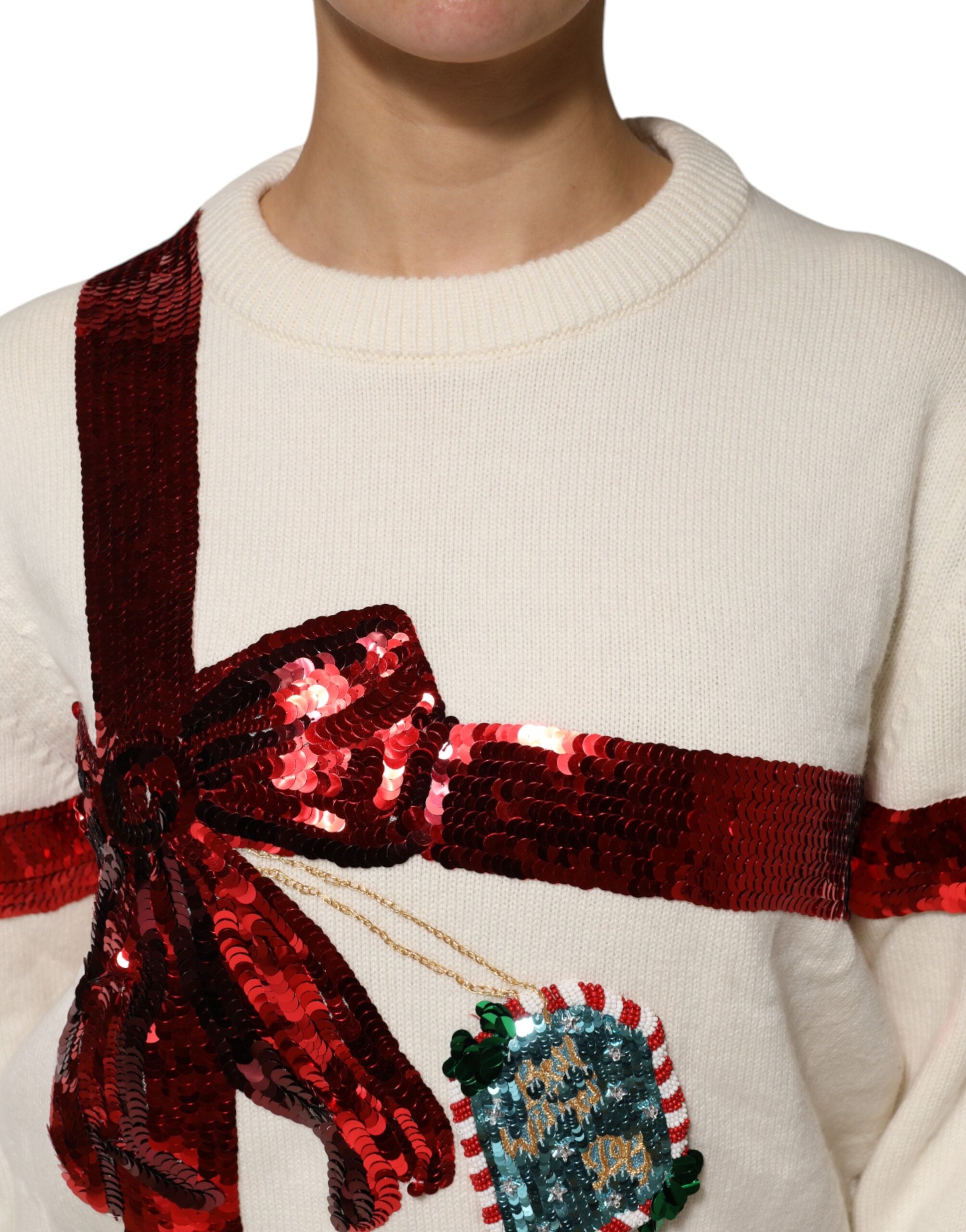 White Sequined Crew Neck Pullover Sweater - ventzia