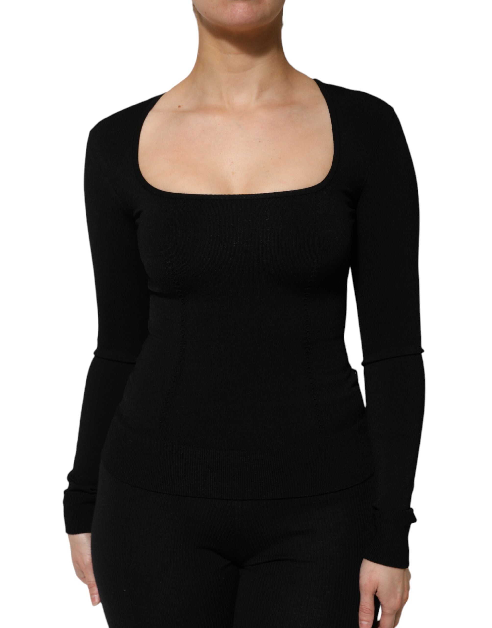 Black Square Neck Long Sleeves Pullover Top - ventzia